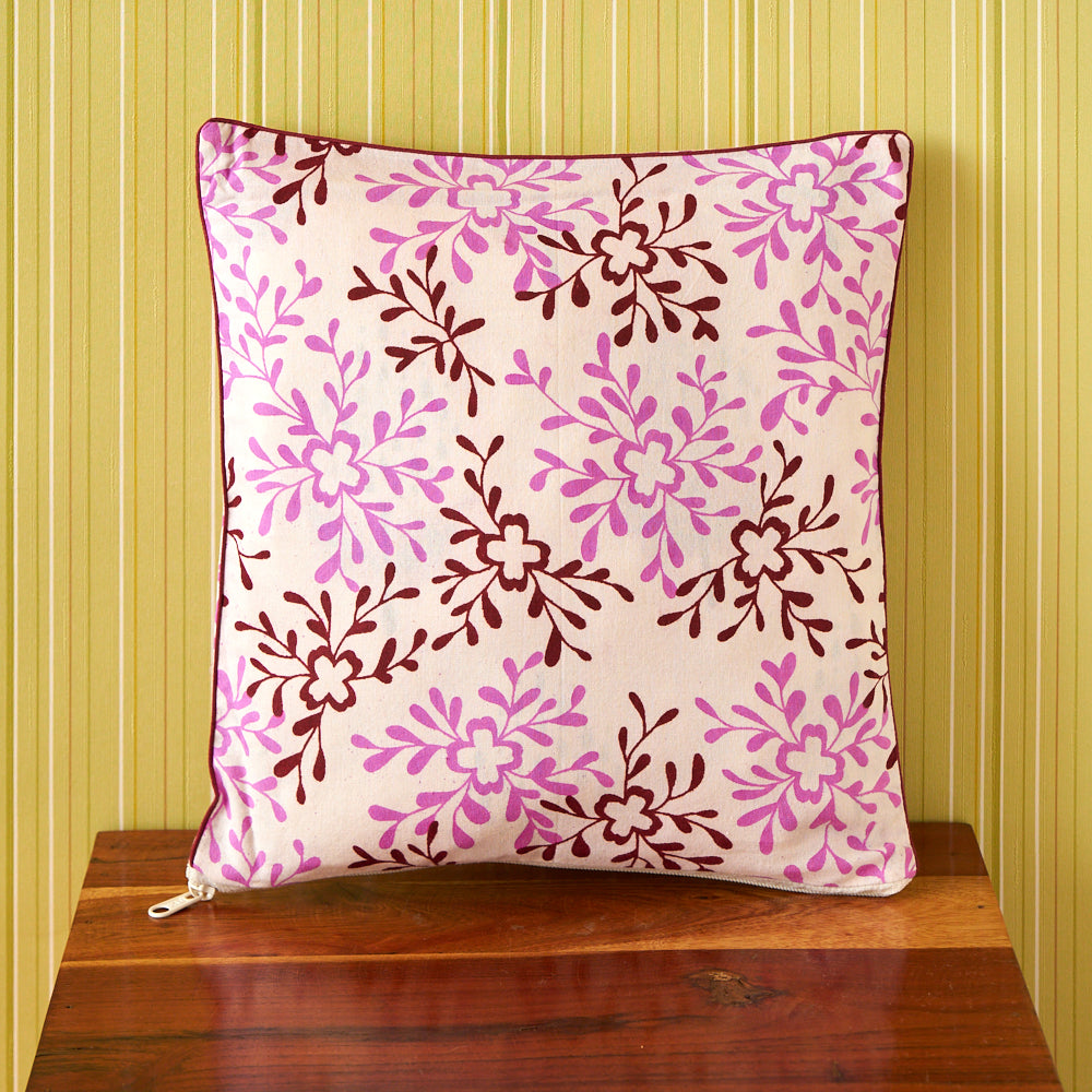 Cotton Pink Brown Floral Block Cushion Cover