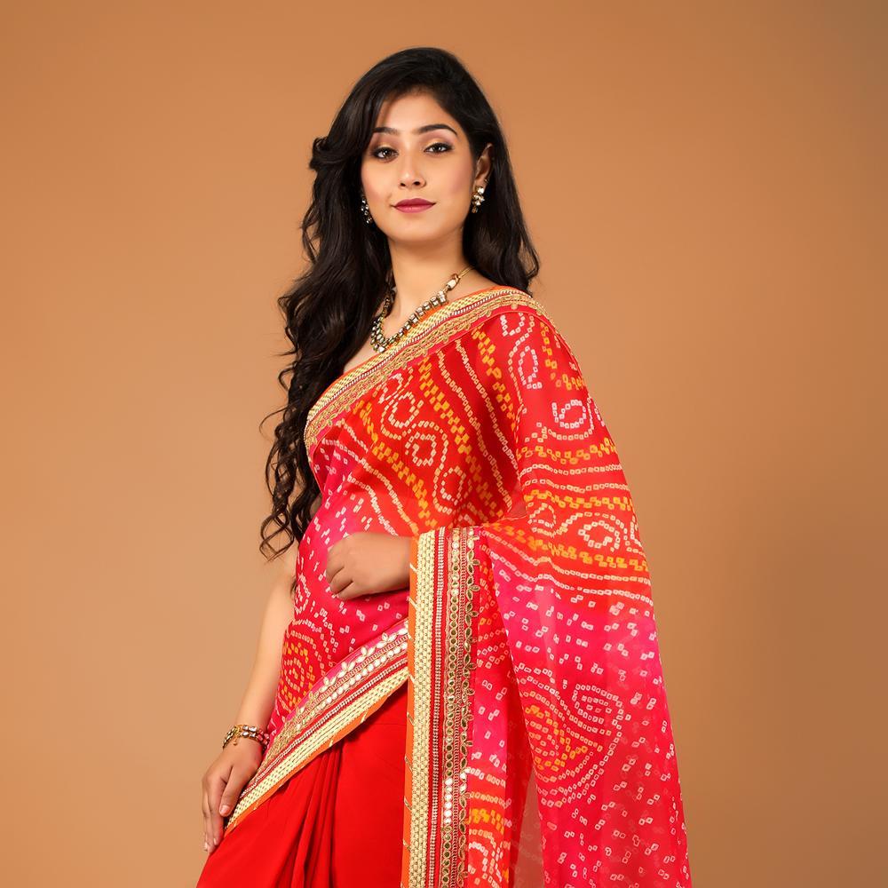 Indian women Georgette outlet bandhej sarees party wear design wedding Designer half half bandhej sarees with gottapati border combination.