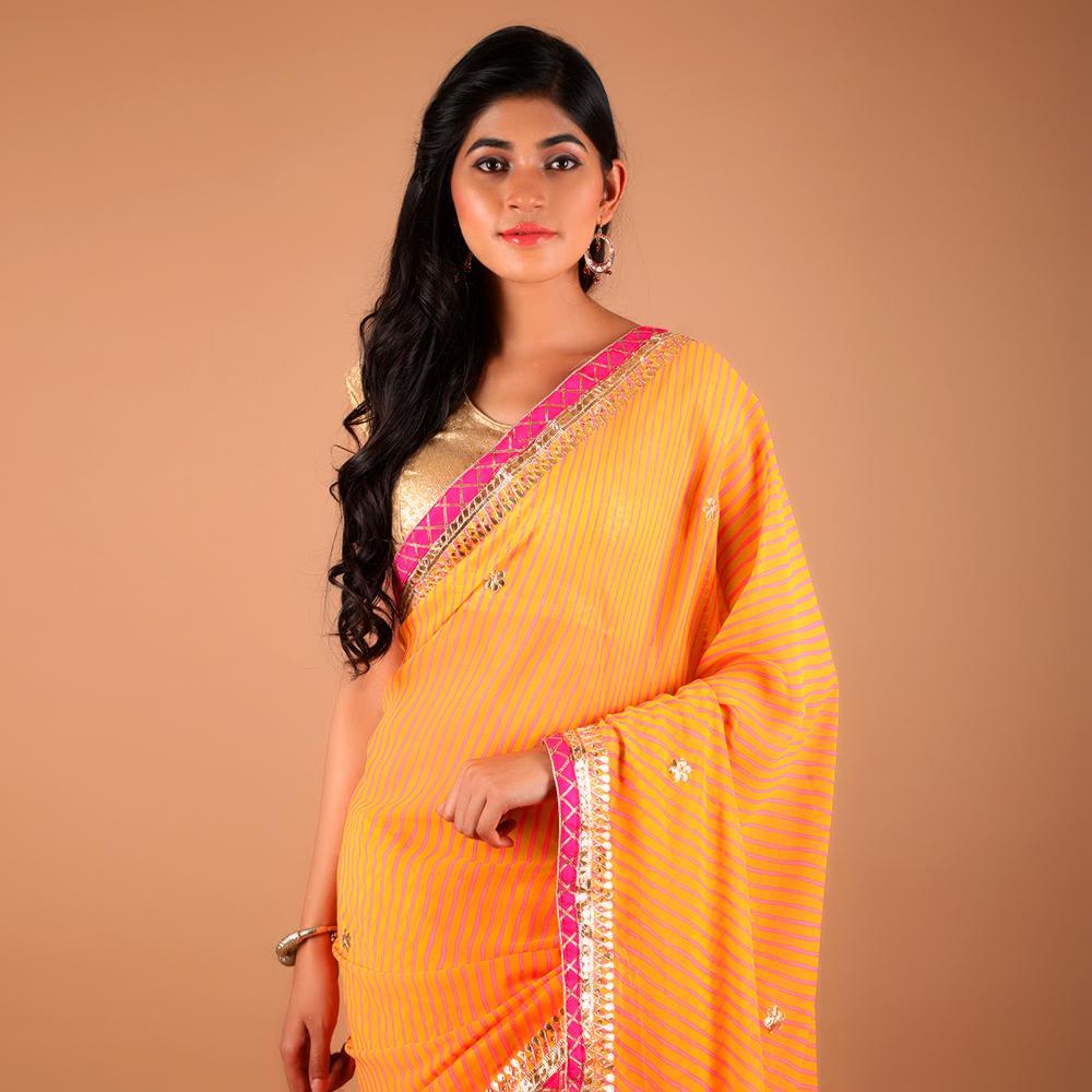 Georgette Leheriya Gota Patti Work Orange Saree Ethnic Rajasthan