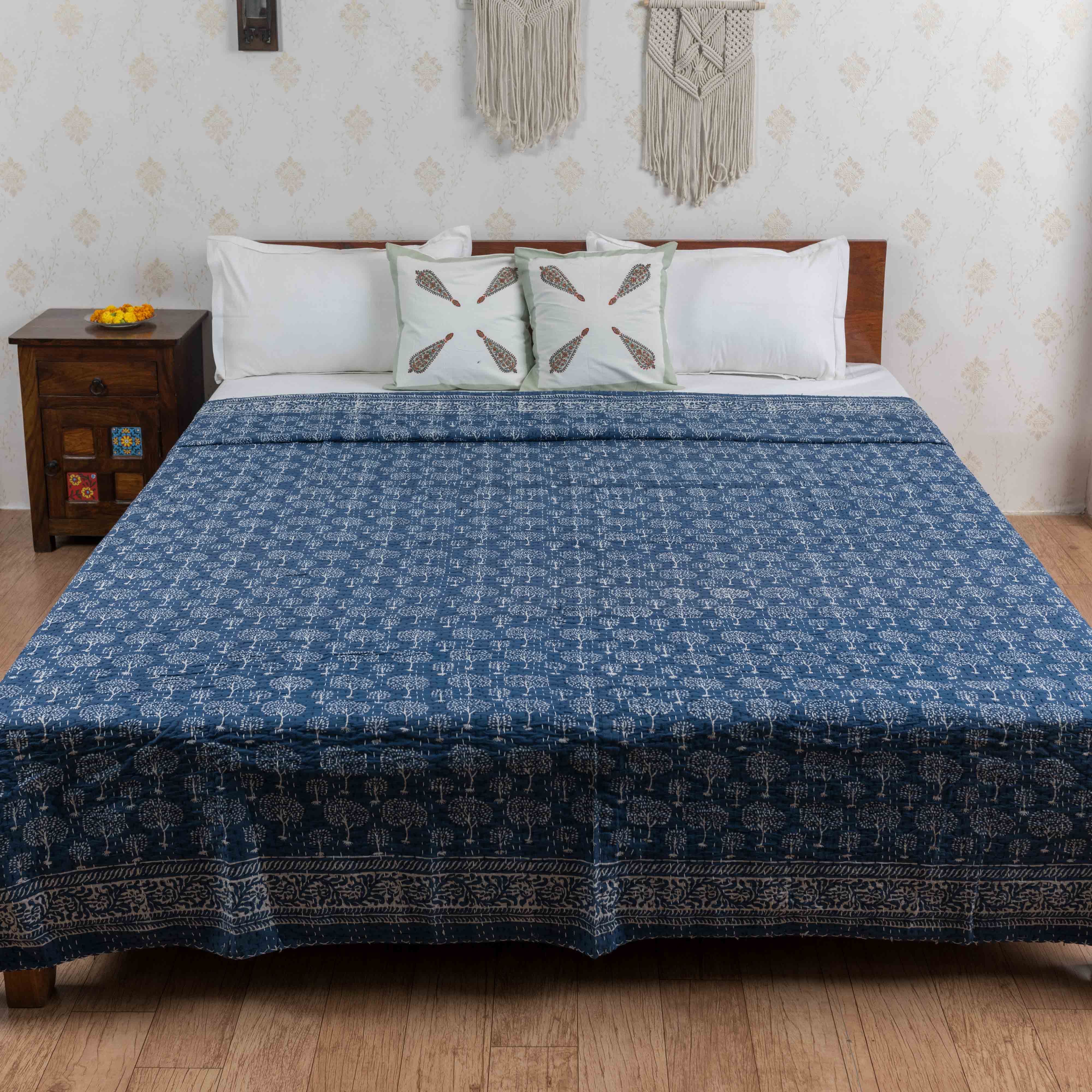 Block printed, kantha work bed cover, bedspread from Jaipur Rajasthan –  Ethnic Rajasthan