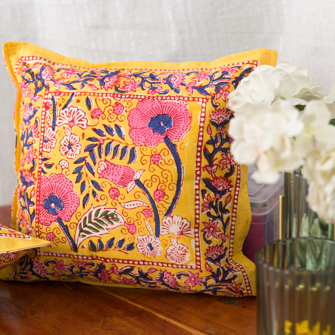 Cotton Cushion Cover Yellow Pink Foral Block Print