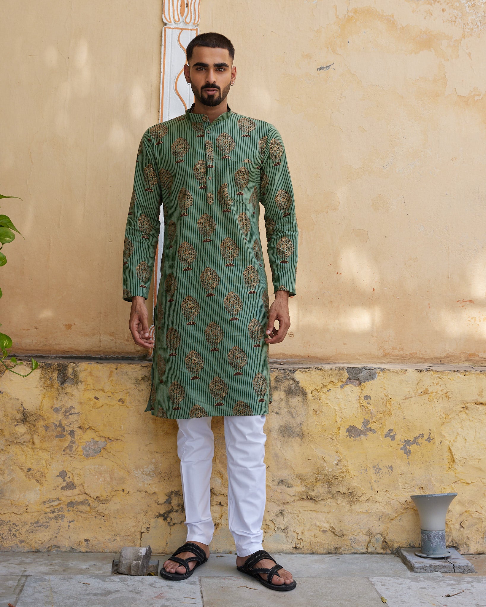 Cotton Block Green-Cream Tree Men's Ethnic Kurta