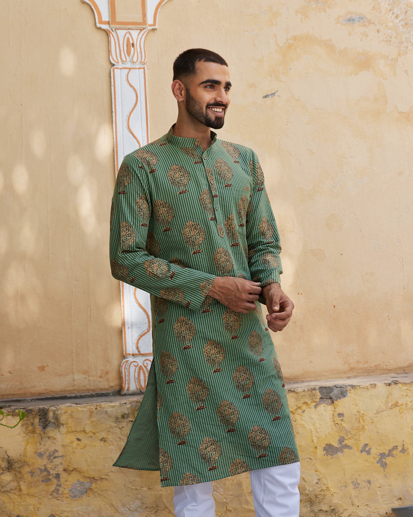 Cotton Block Green-Cream Tree Men's Ethnic Kurta