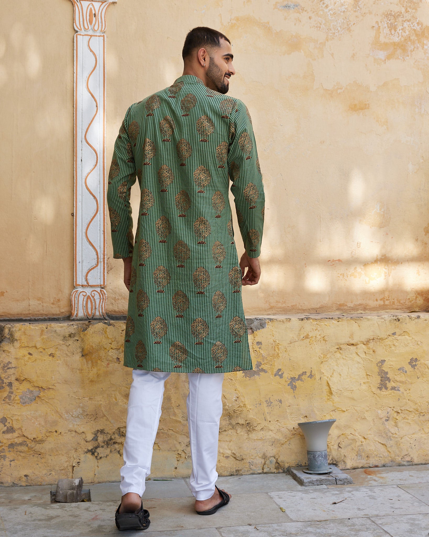 Cotton Block Green-Cream Tree Men's Ethnic Kurta