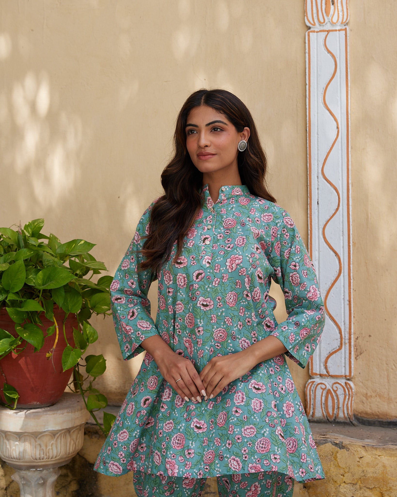 Cotton Green-Pink Floral Women's Co-ord Set