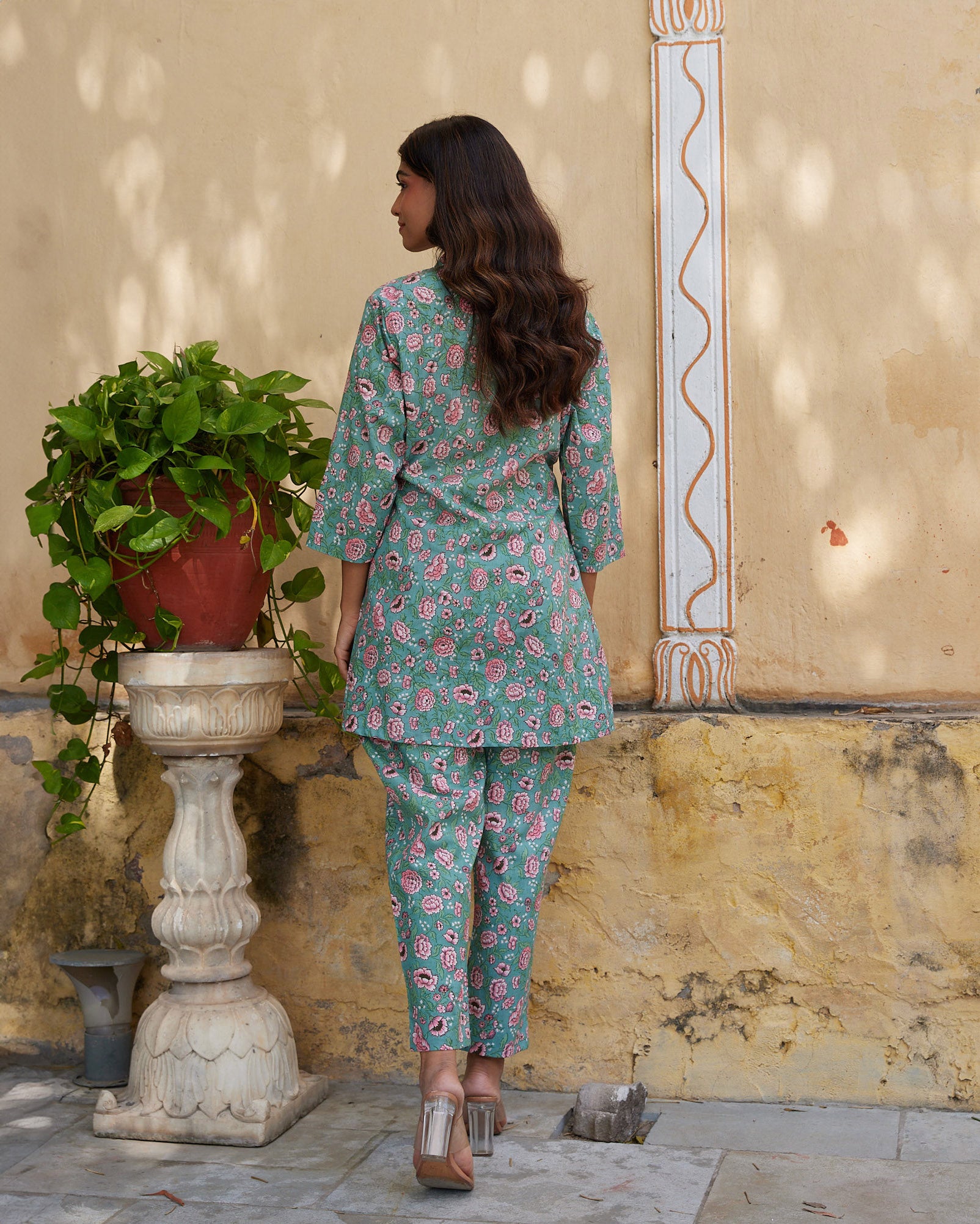 Cotton Green-Pink Floral Women's Co-ord Set