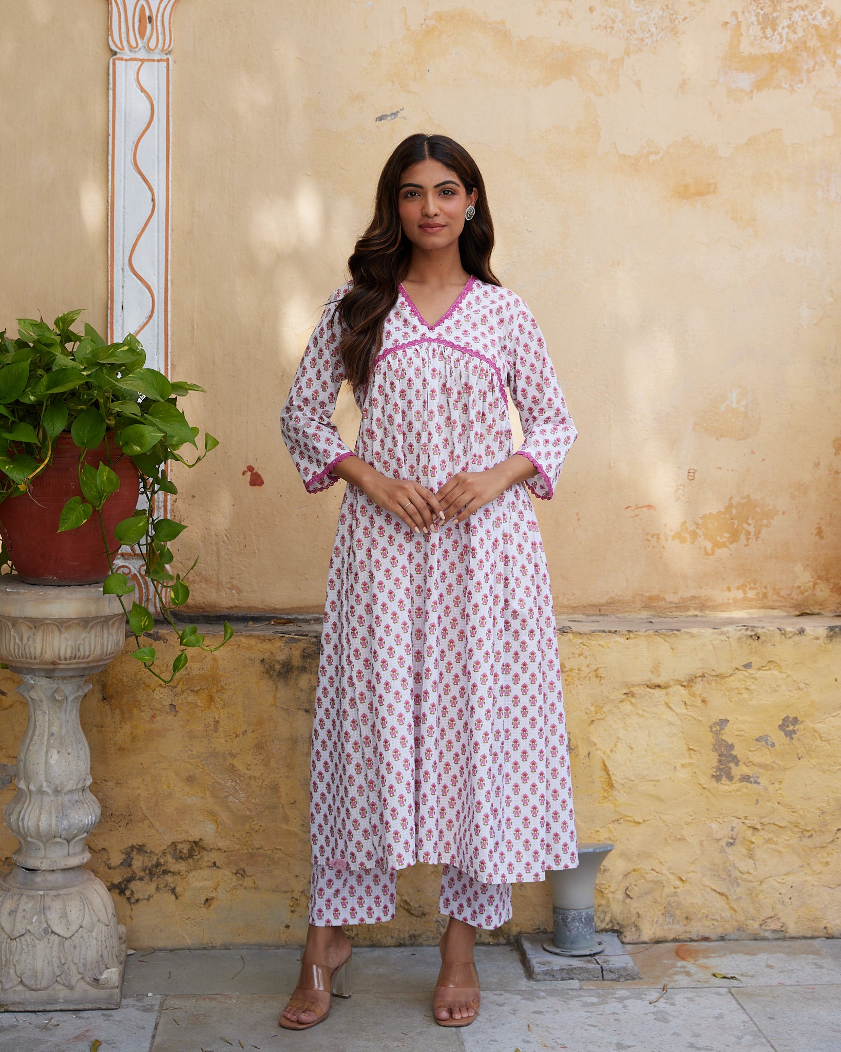 Cotton White-Pink Floral Women's Kurta Pant Set