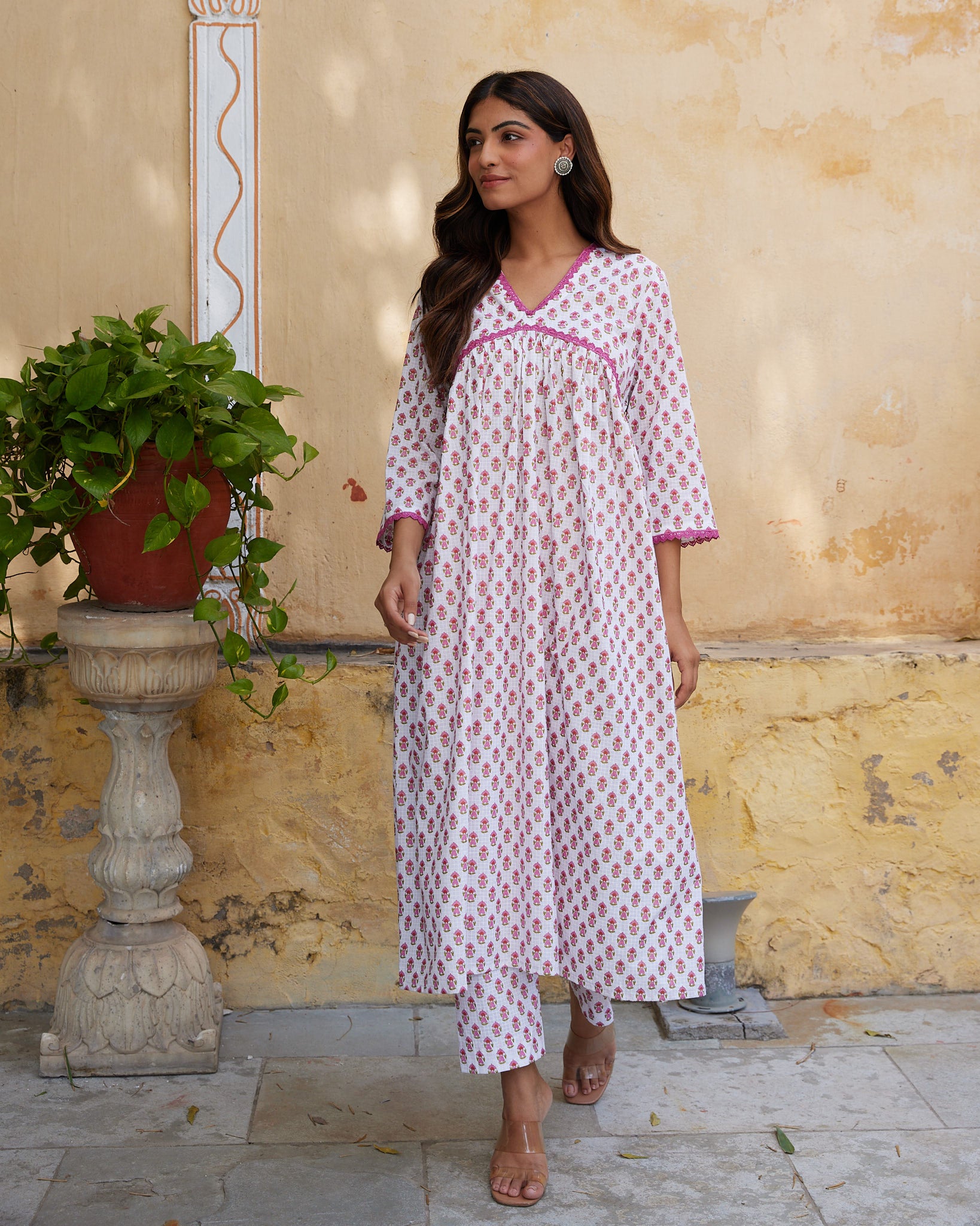 Cotton White-Pink Floral Women's Long Kurti