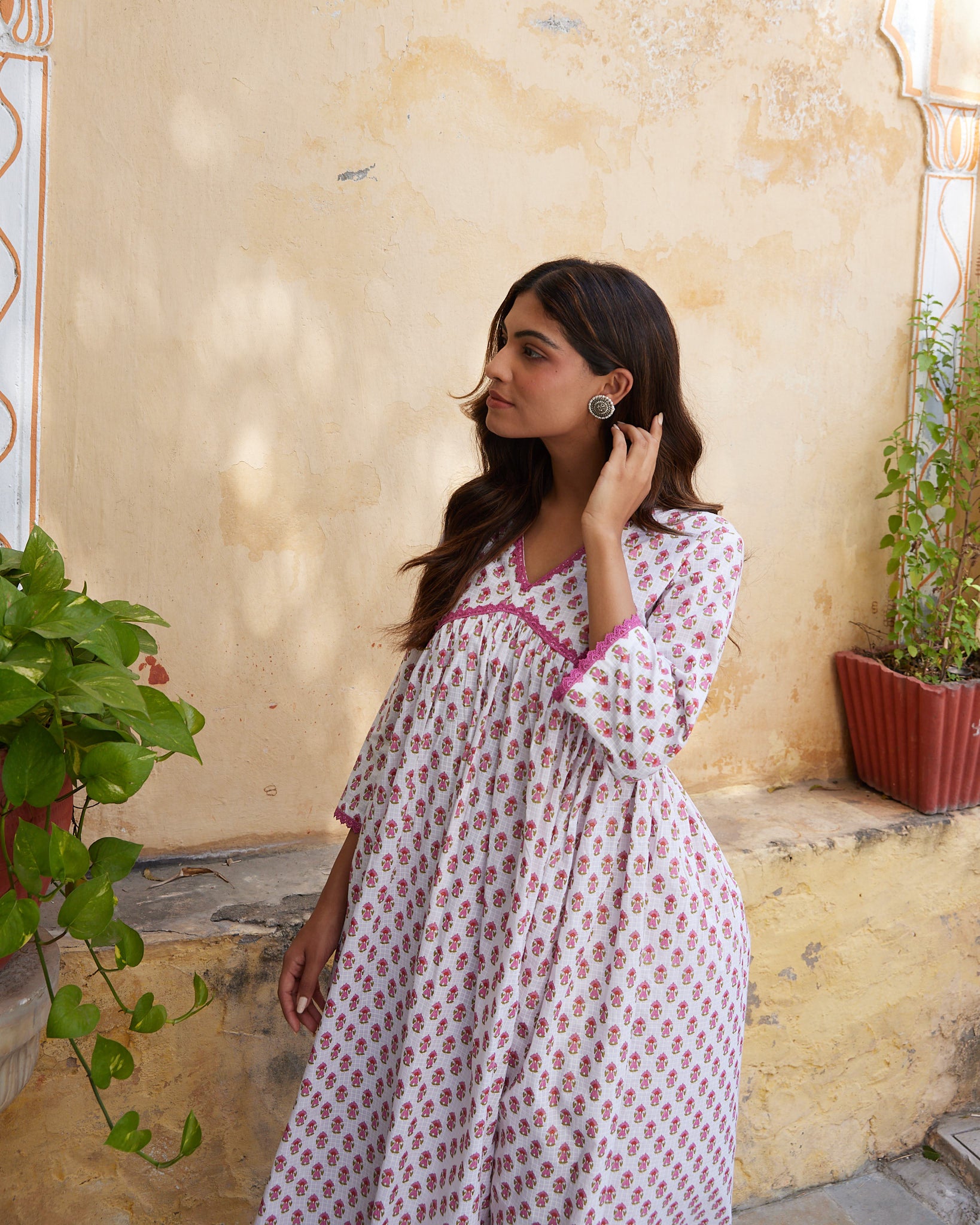 Cotton White-Pink Floral Women's Long Kurti