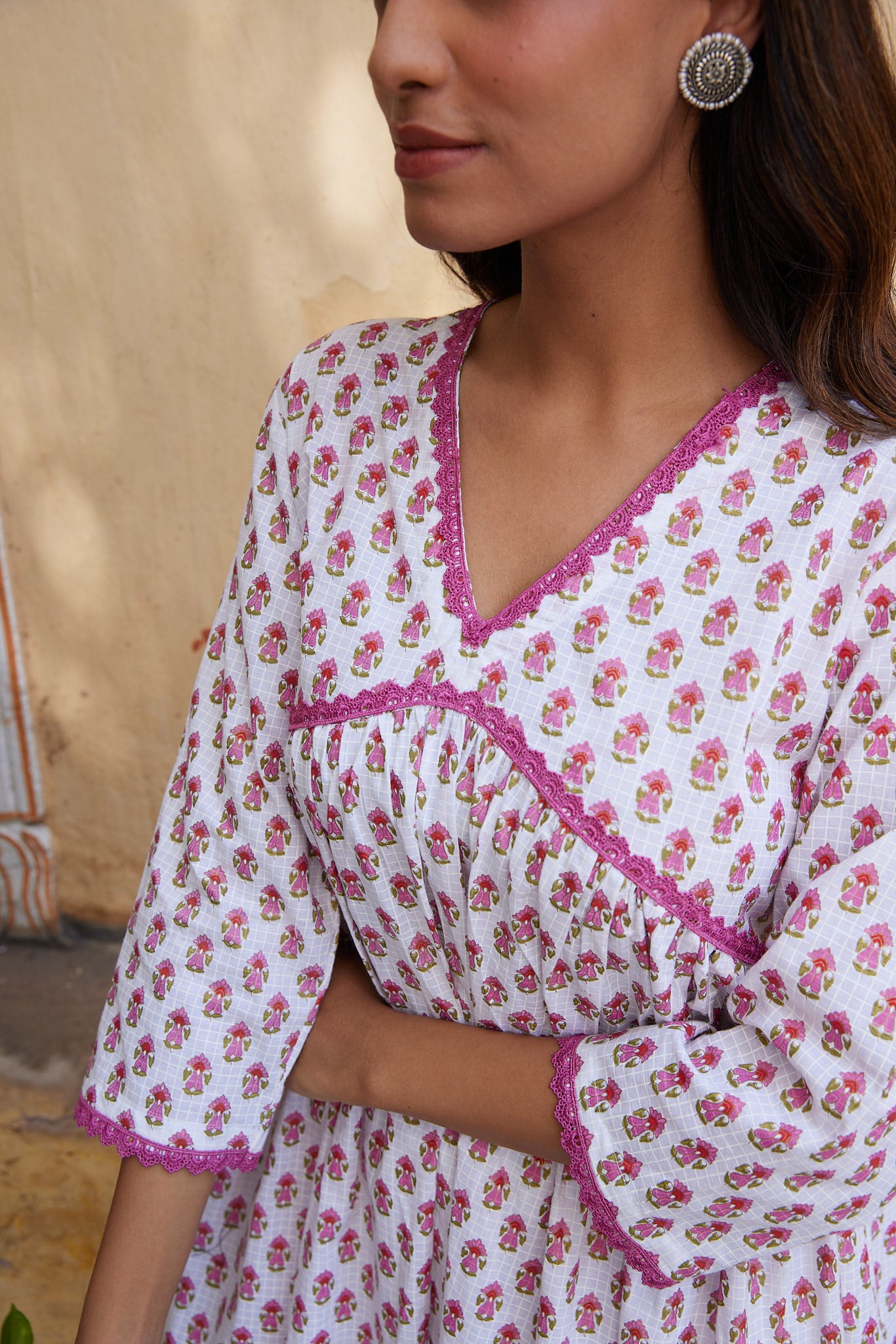 Cotton White-Pink Floral Women's Long Kurti