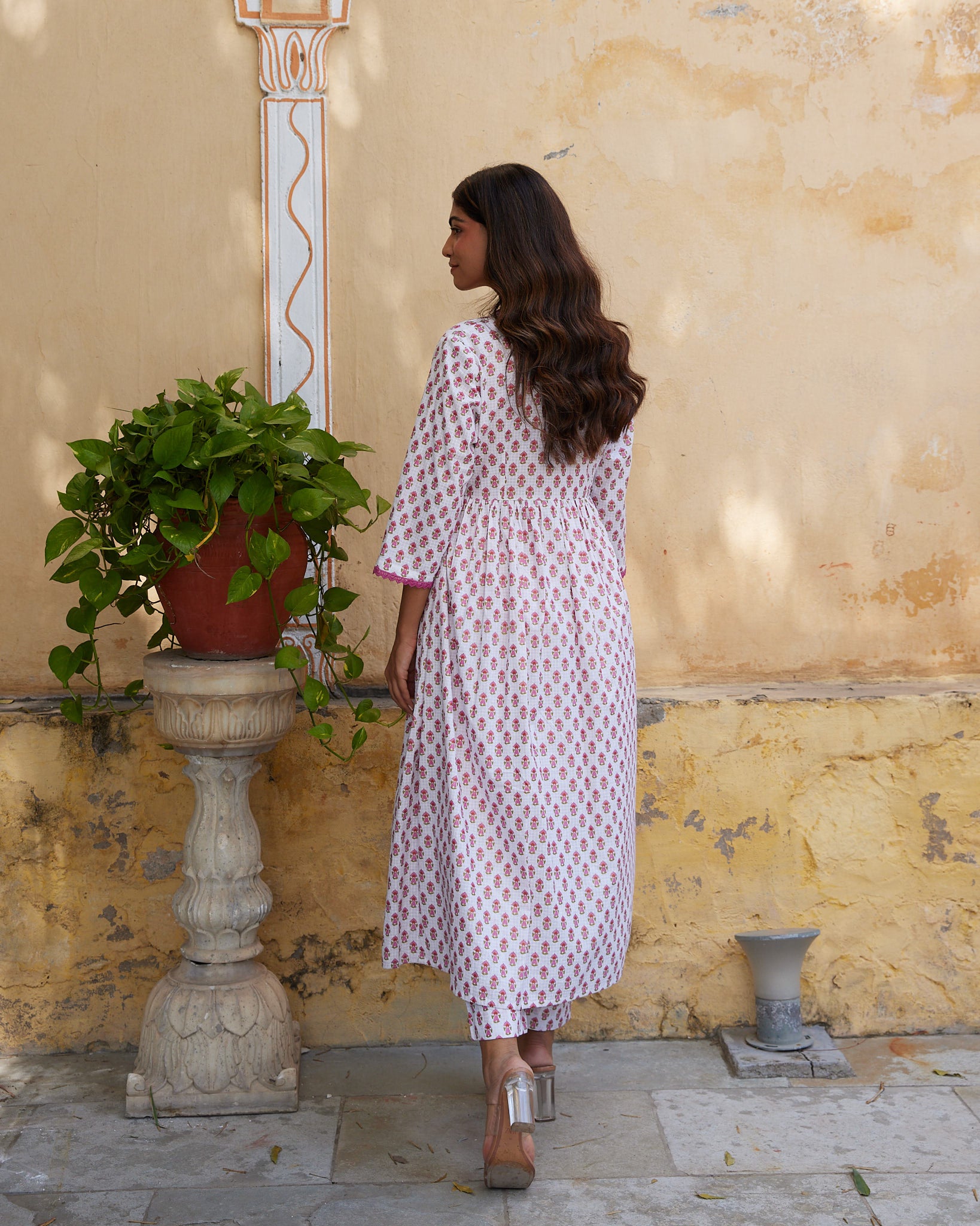 Cotton White-Pink Floral Women's Kurta Pant Set