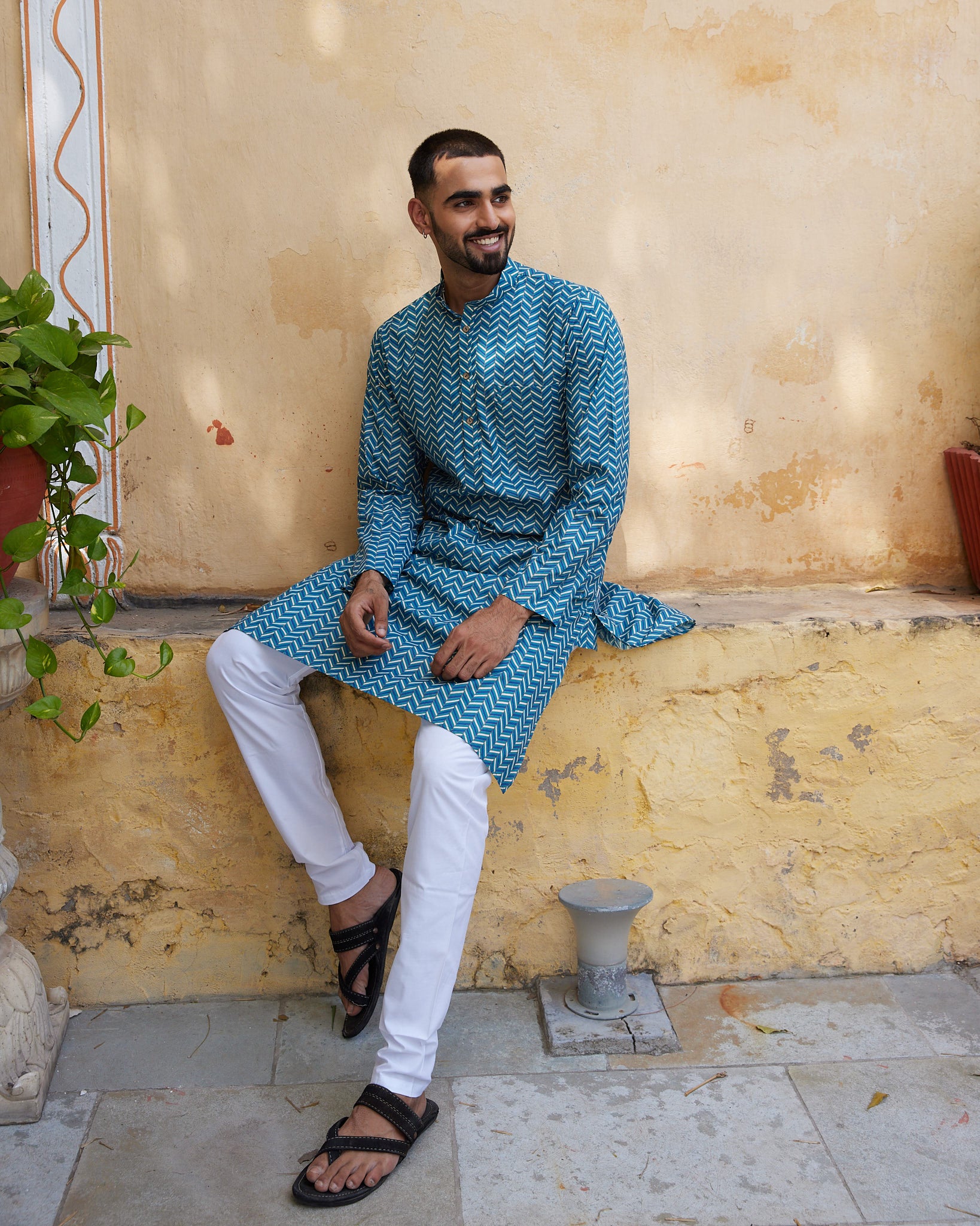 Cotton Blue-White Waving Men's Ethnic Kurta