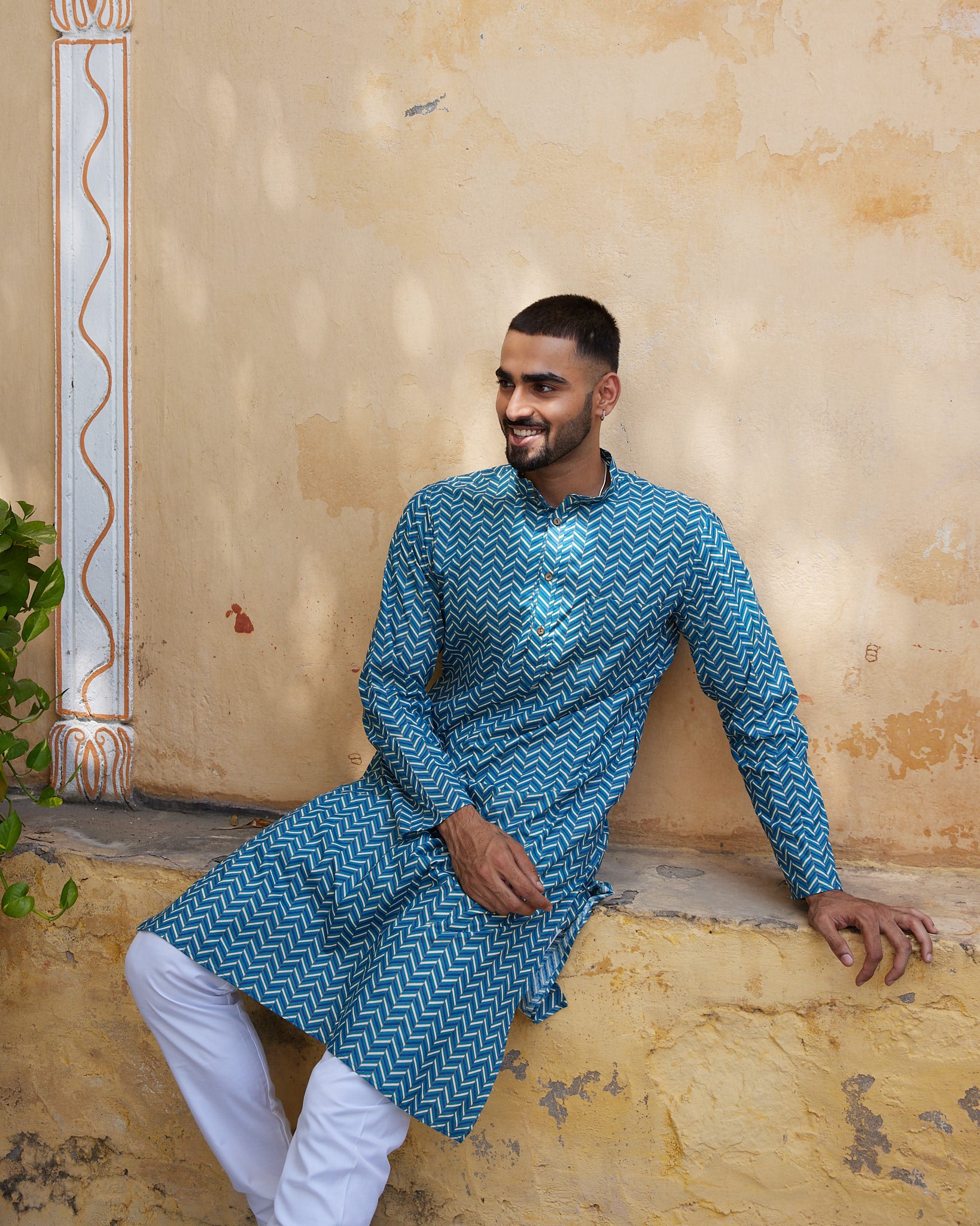 Cotton Blue-White Waving Men's Ethnic Kurta