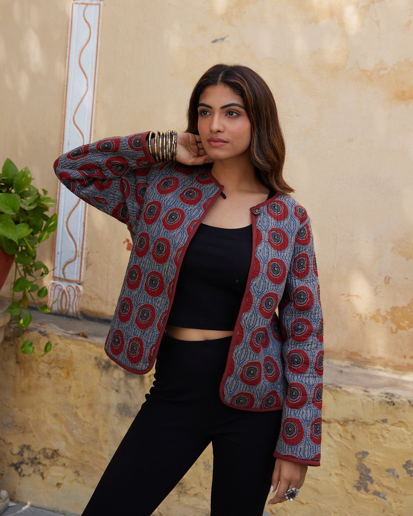 Cotton Women's Quilted Blue-Red Geometric Fullsleeves Jacket