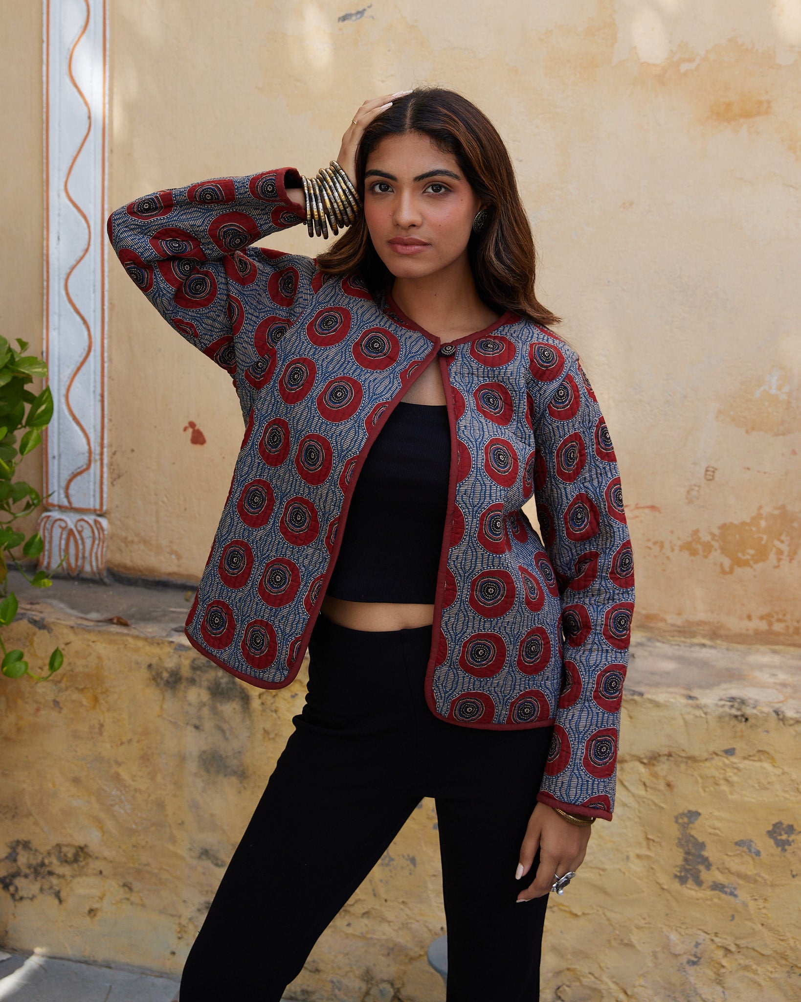 Cotton Women's Quilted Blue-Red Geometric Fullsleeves Jacket