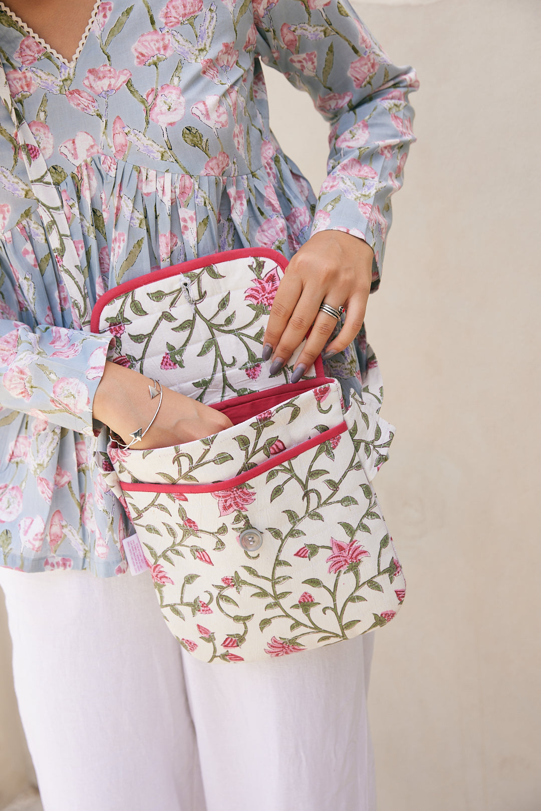 Cotton Floral Pink-Green Sling Bag