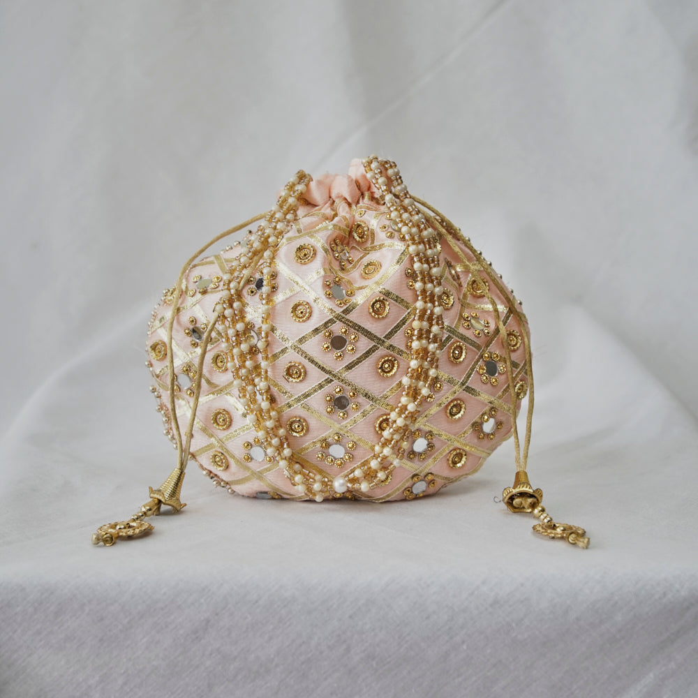 Cotton Faux Silk Embroidery Womens Silver Golden Potli