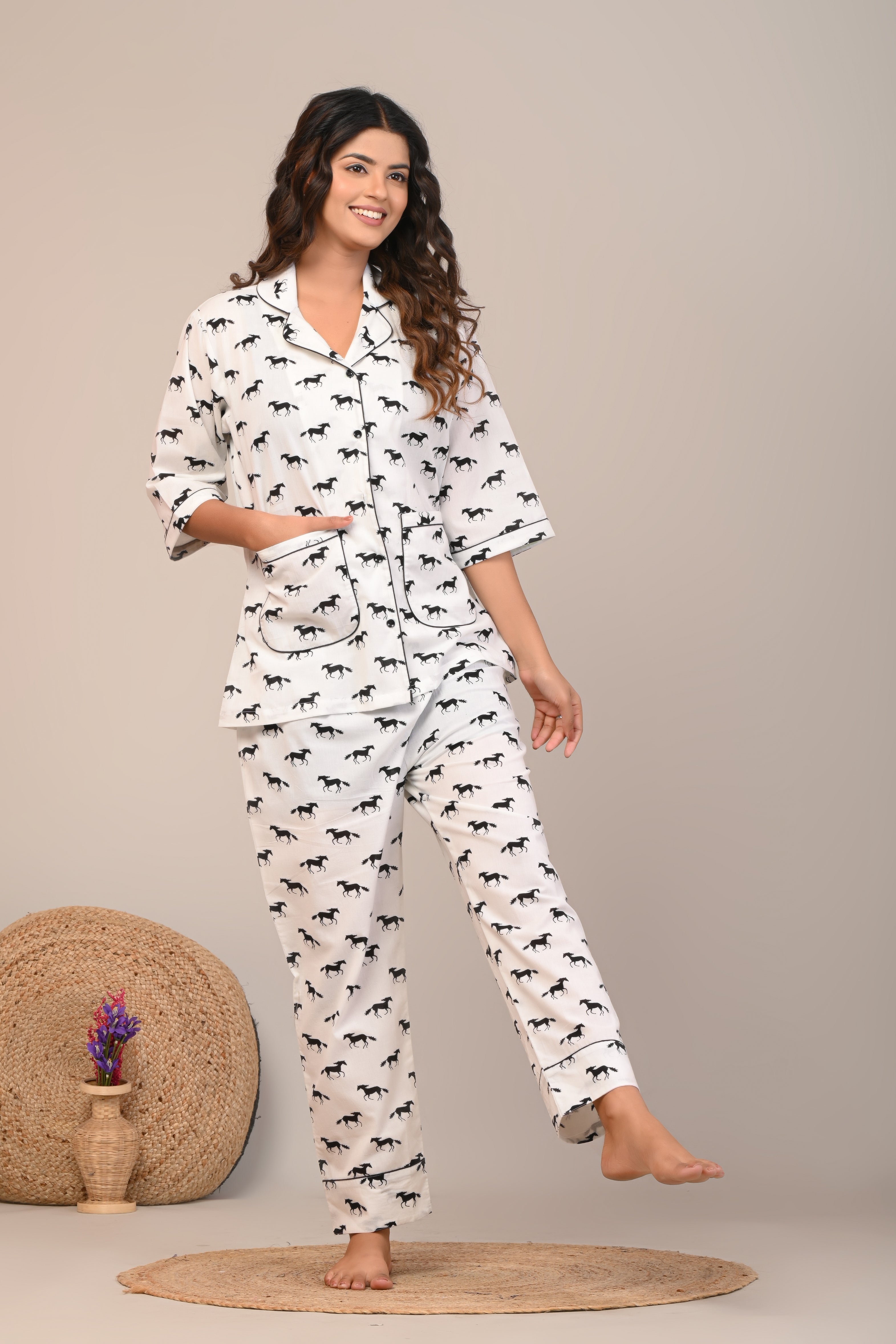 Cotton White Black Horse Womens Co-Ord Set