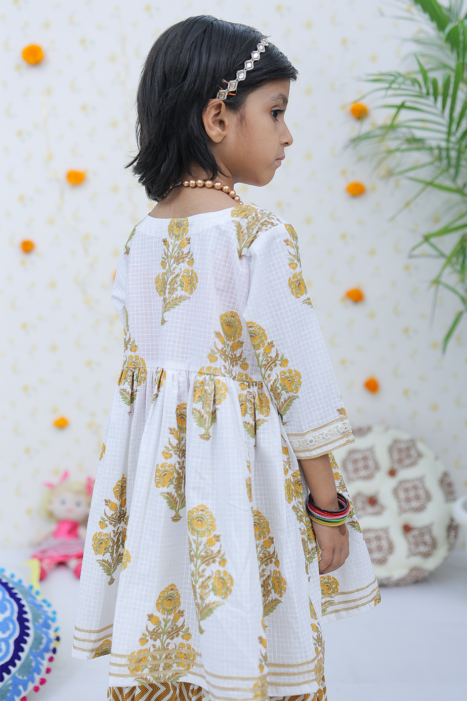 Cotton White-Mustard Floral Girl's Kurta Sharara Set