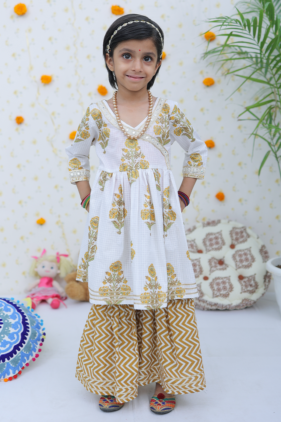 Cotton White-Mustard Floral Girl's Kurta Sharara Set