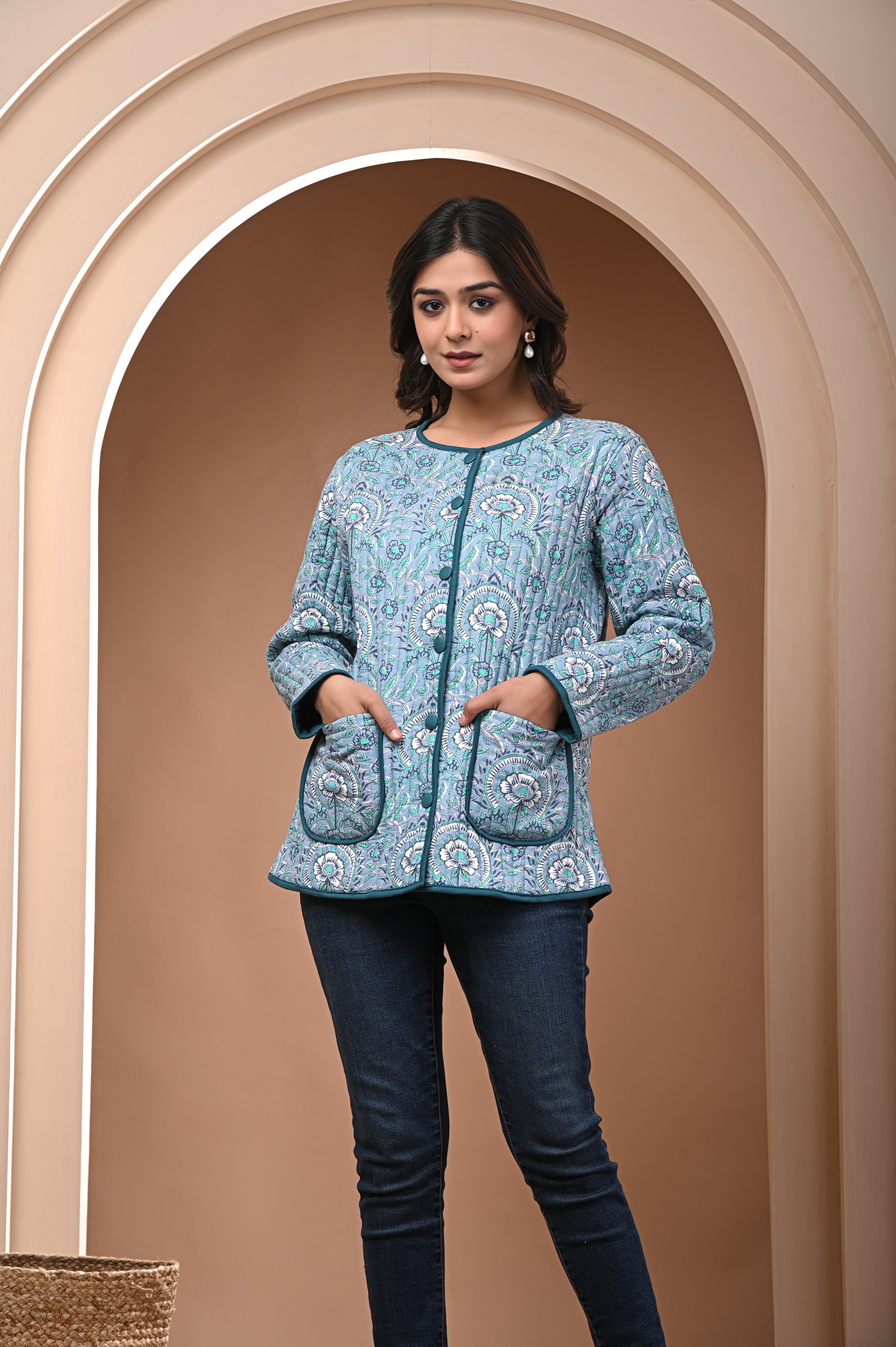 Cotton Columbia Blue SunFlower Quilted Women's Full Sleeves Jacket