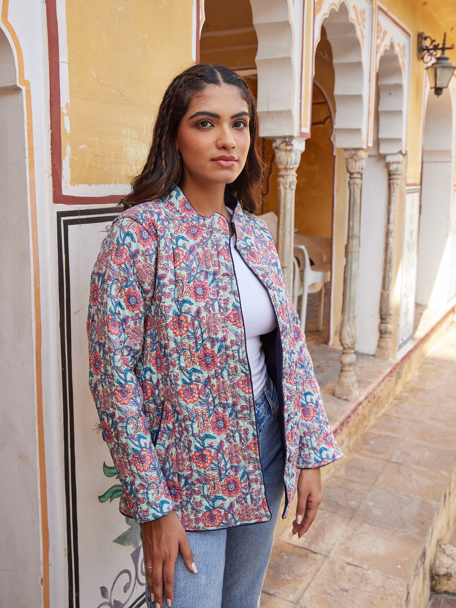 Cotton Green-Pink Floral Jaal Women's Full Sleeves Jacket