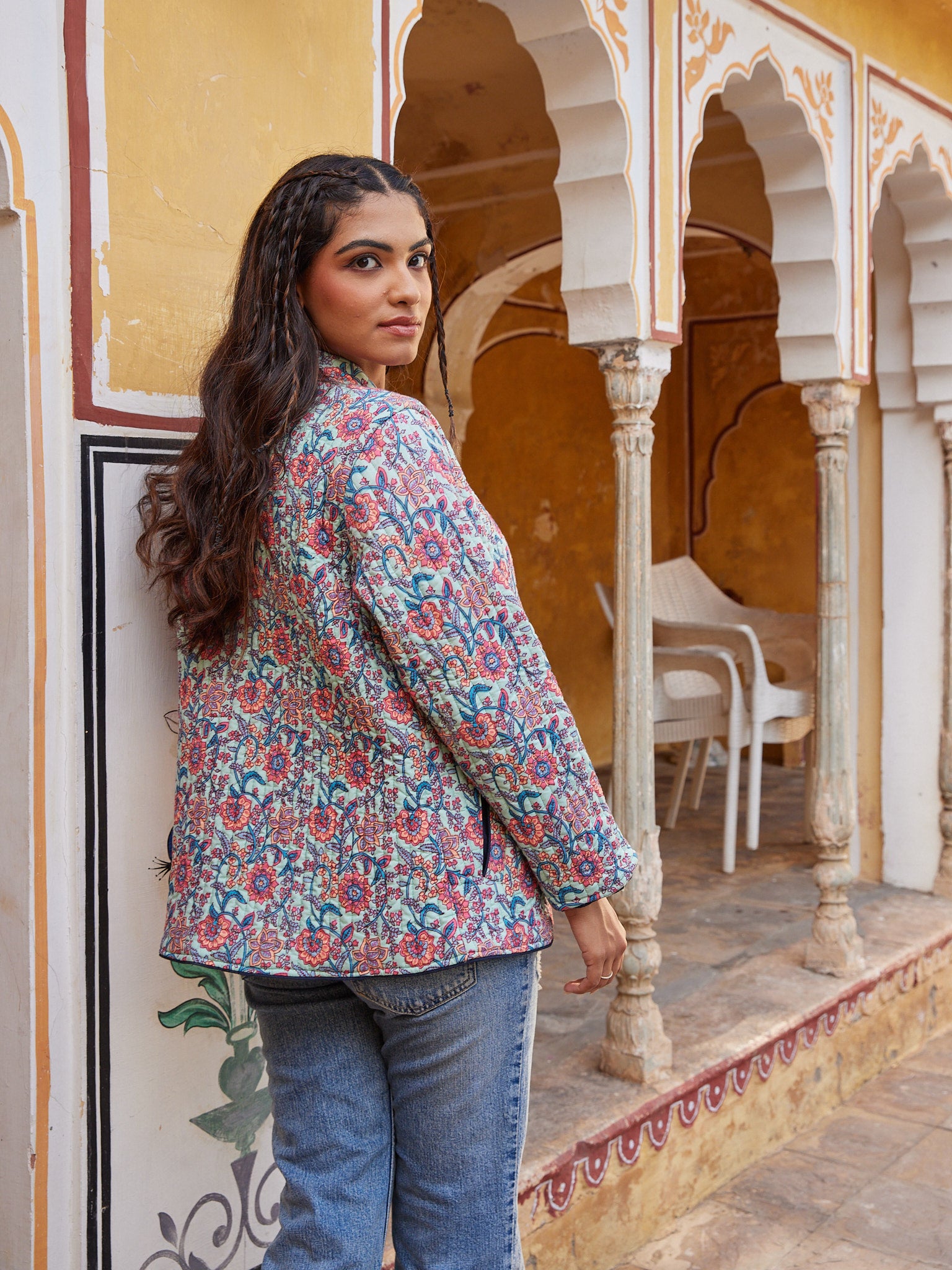 Cotton Green-Pink Floral Jaal Women's Full Sleeves Jacket