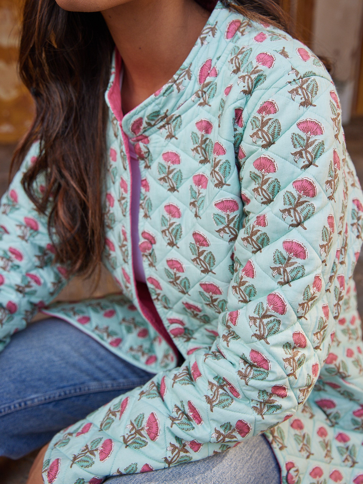 Cotton Women's Quilted Greenish Blue-Pink Floral Fullsleeves Jacket