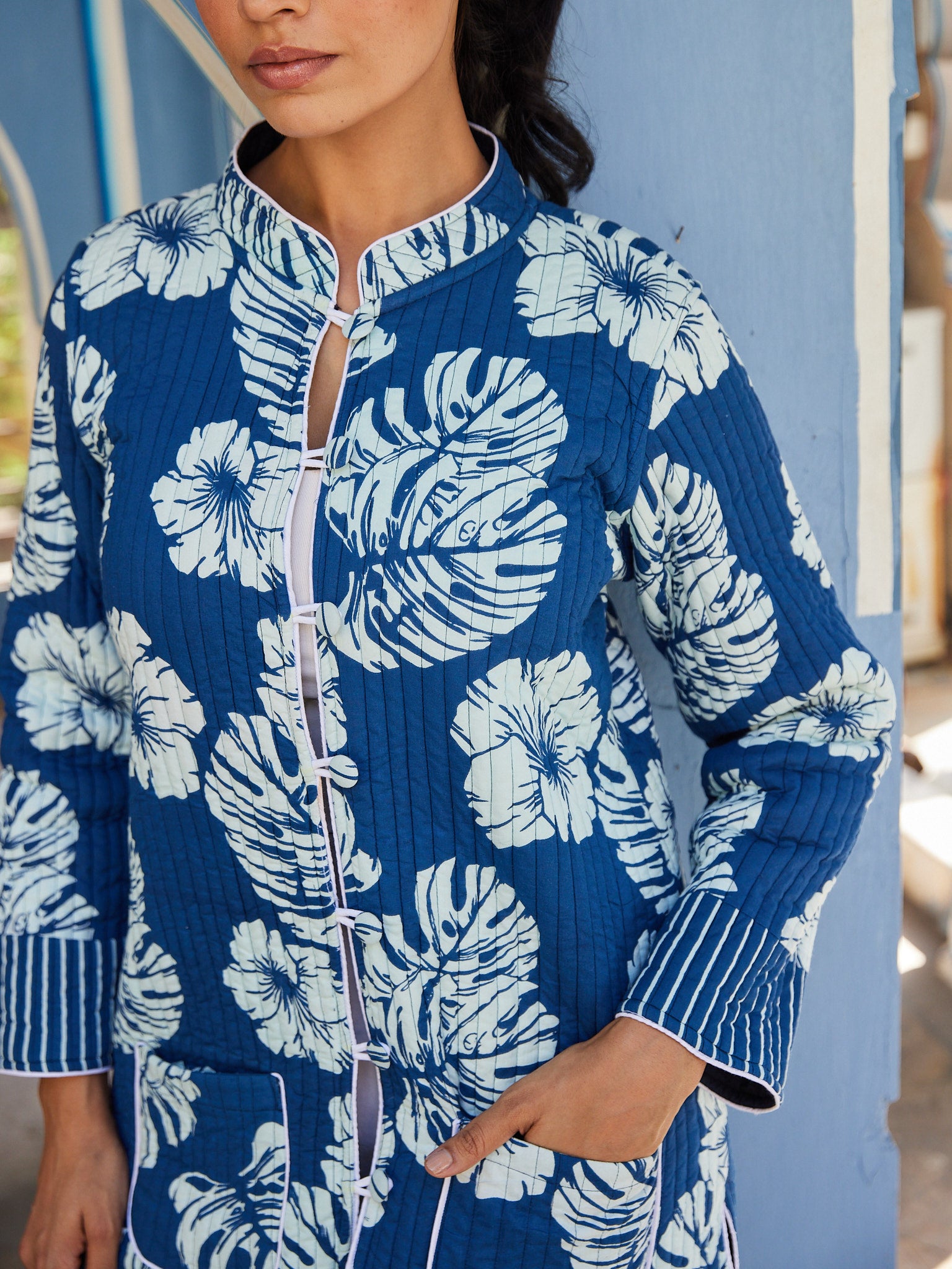 Cotton Blue-White Floral Women's Long Jacket