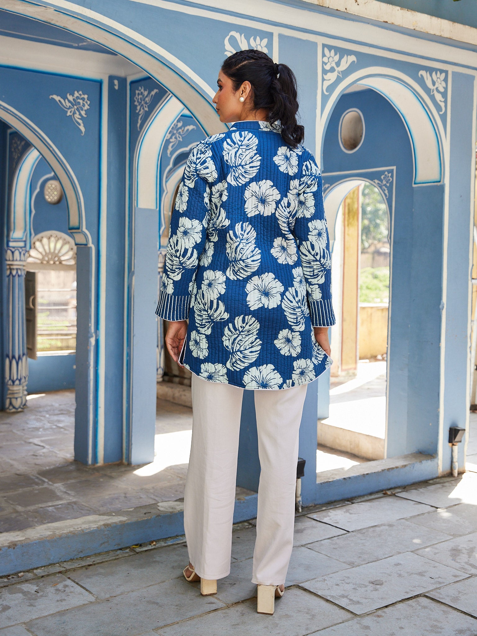 Cotton Blue-White Floral Women's Long Jacket