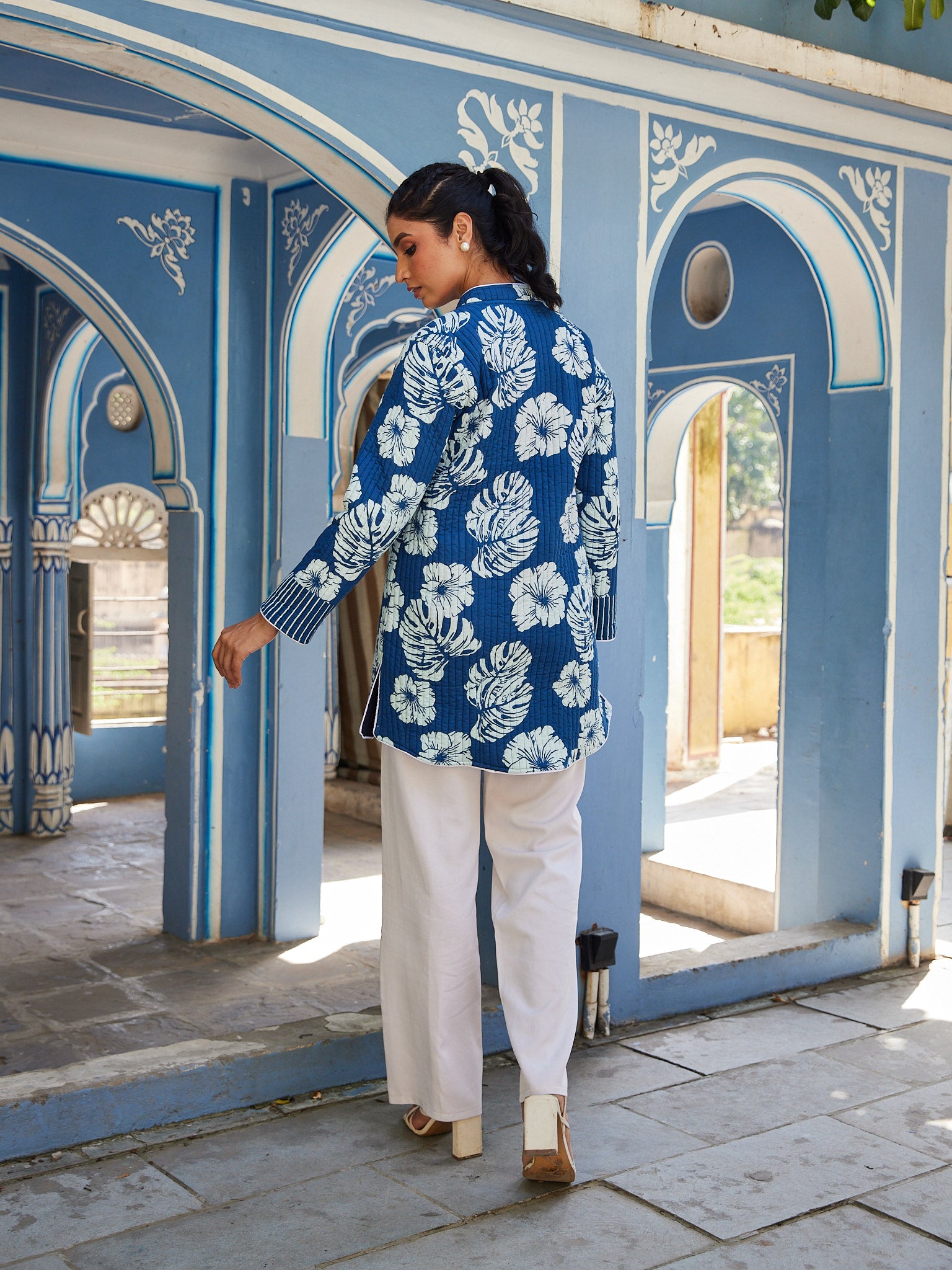 Cotton Blue-White Floral Women's Long Jacket