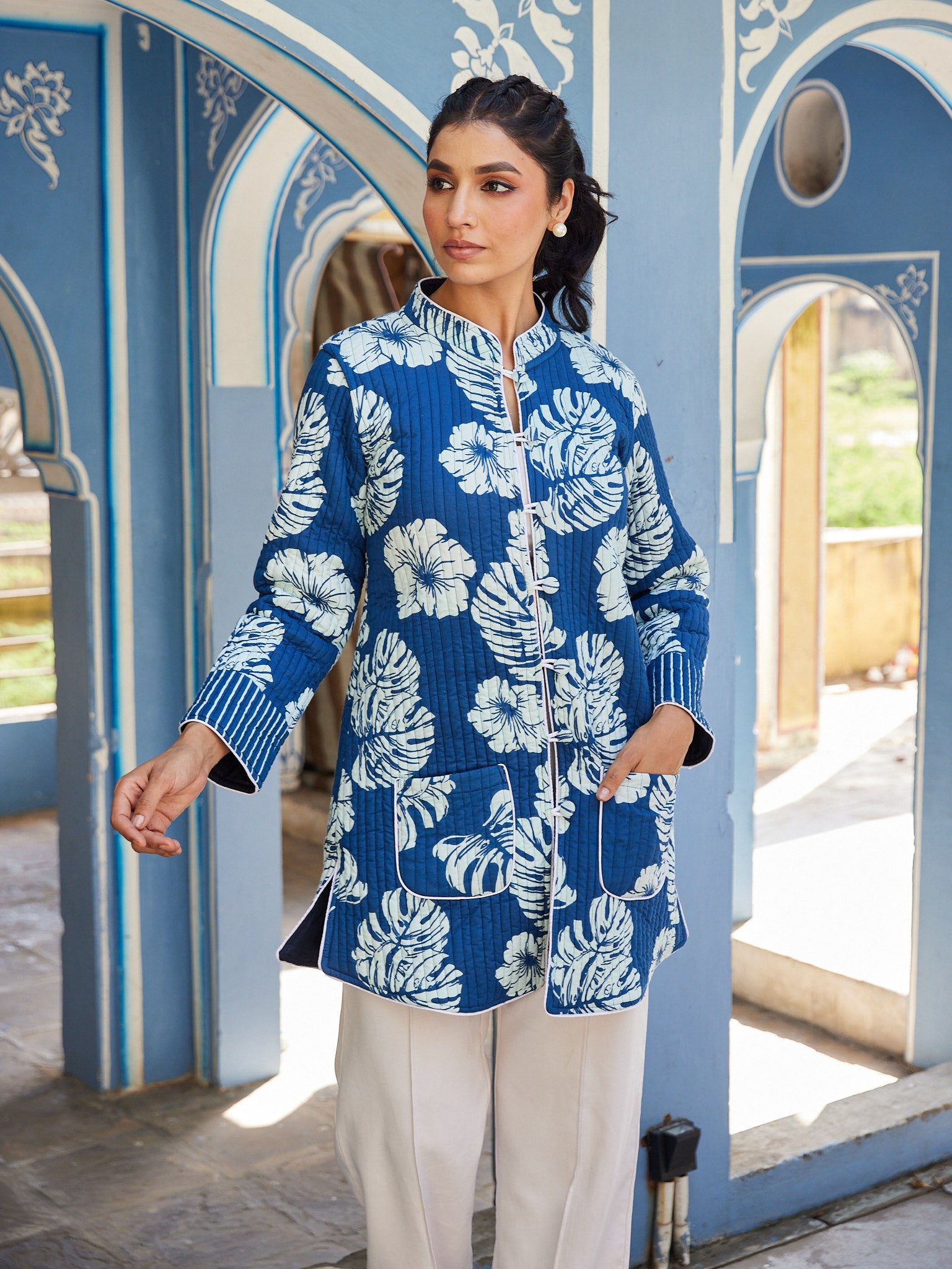 Cotton Blue-White Floral Women's Long Jacket