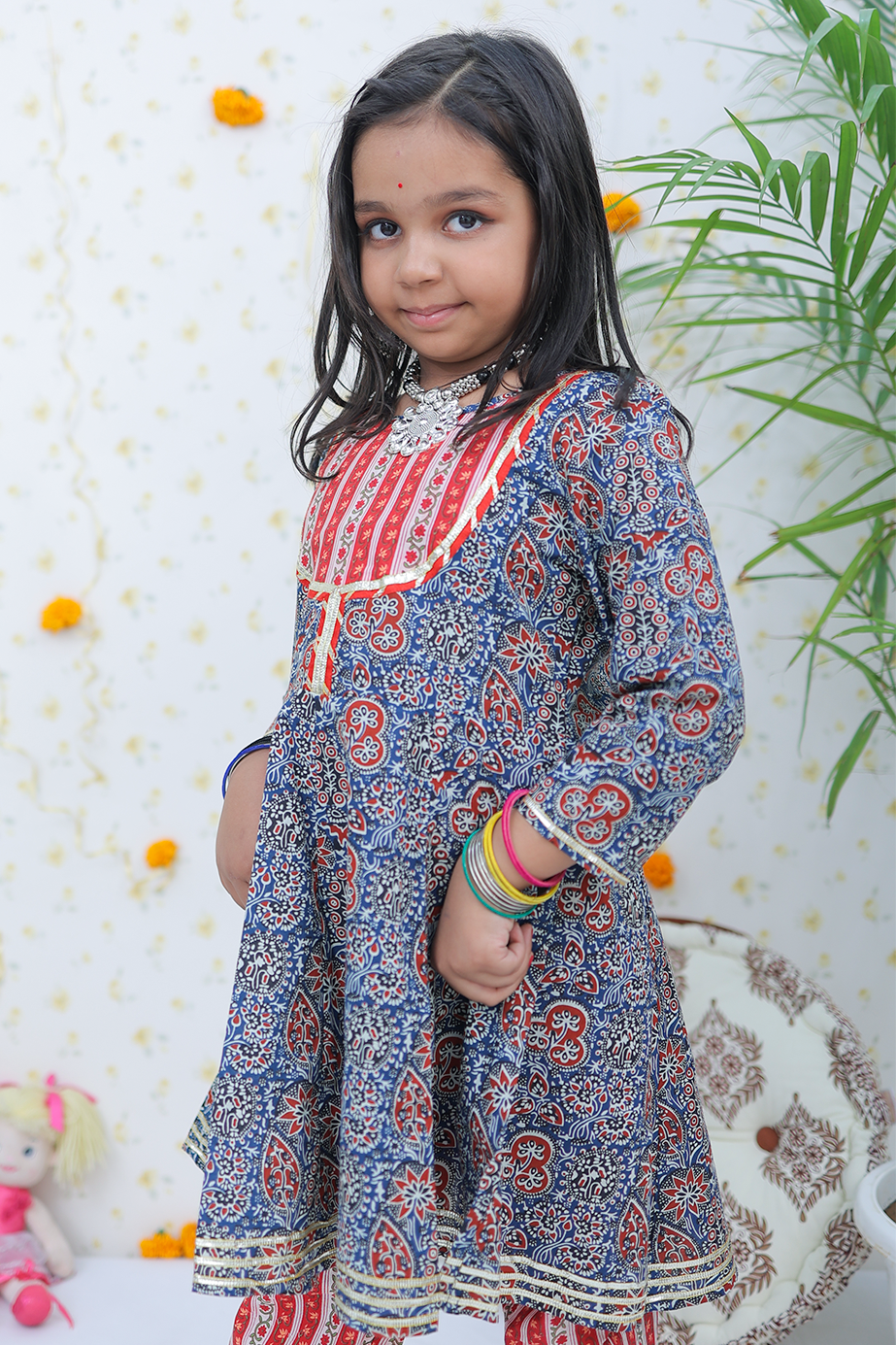 Blue Floral Fiest Cotton Girl's Suit