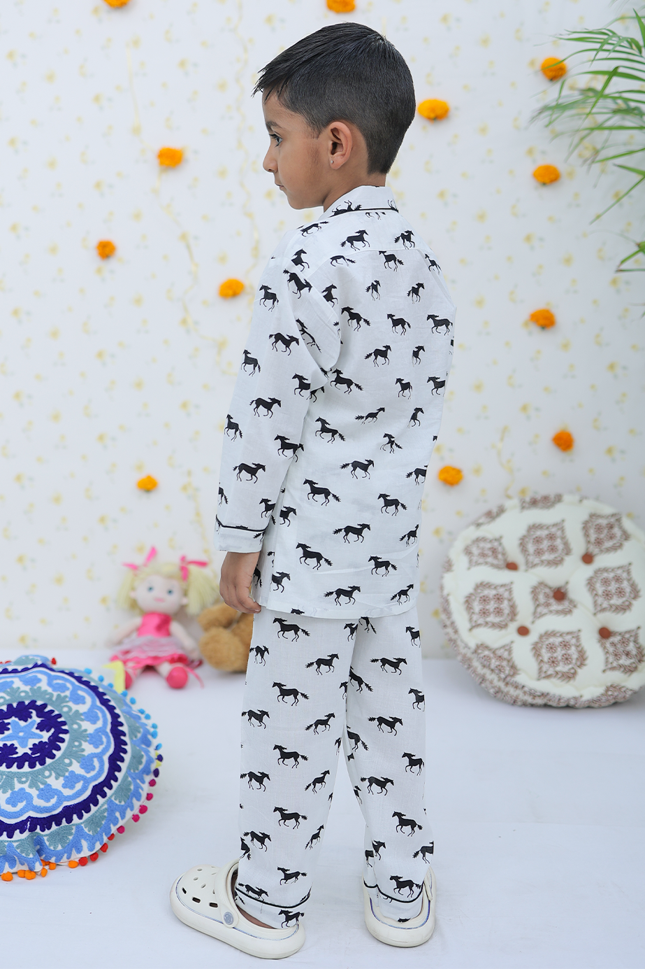 Cotton White Black Horse Boy's Night Suit