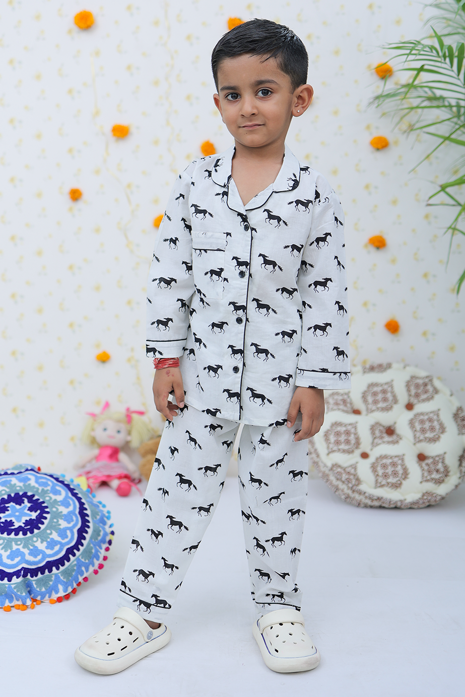 Cotton White Black Horse Boy's Night Suit