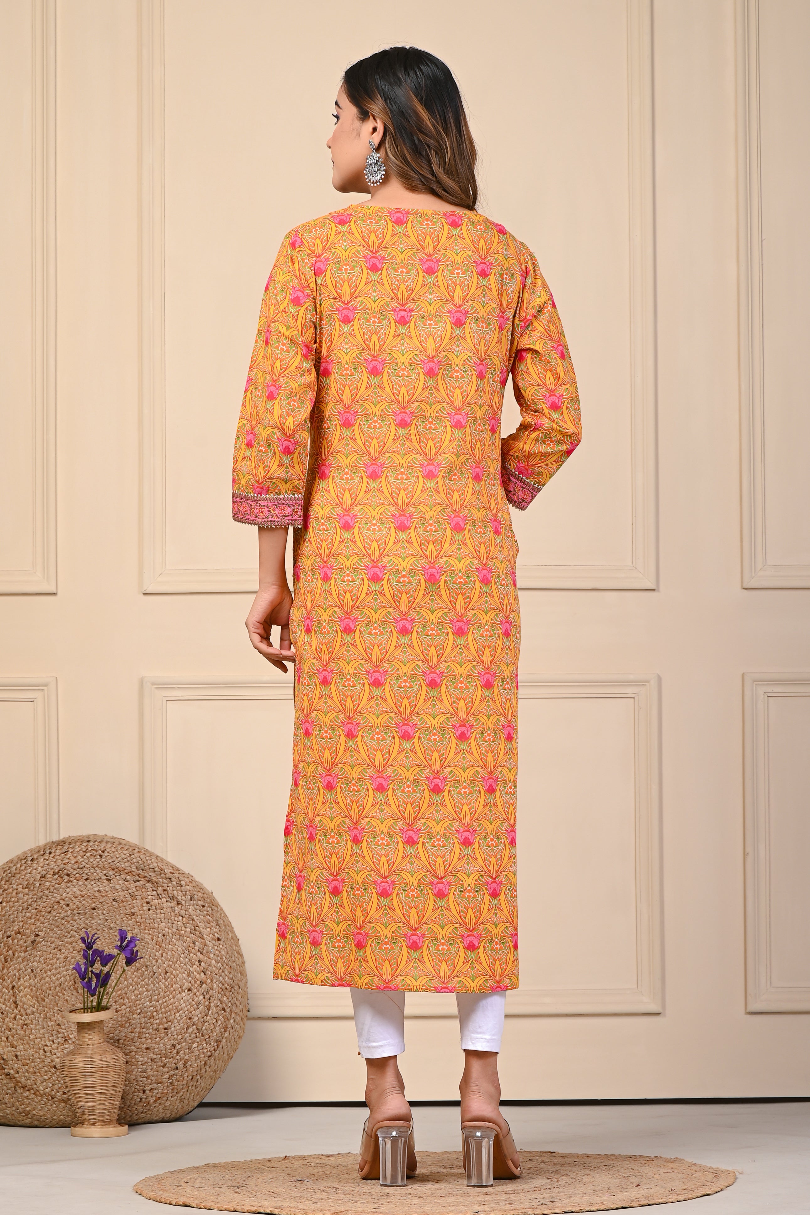 Cotton Pink Green Floral Straight Kurti