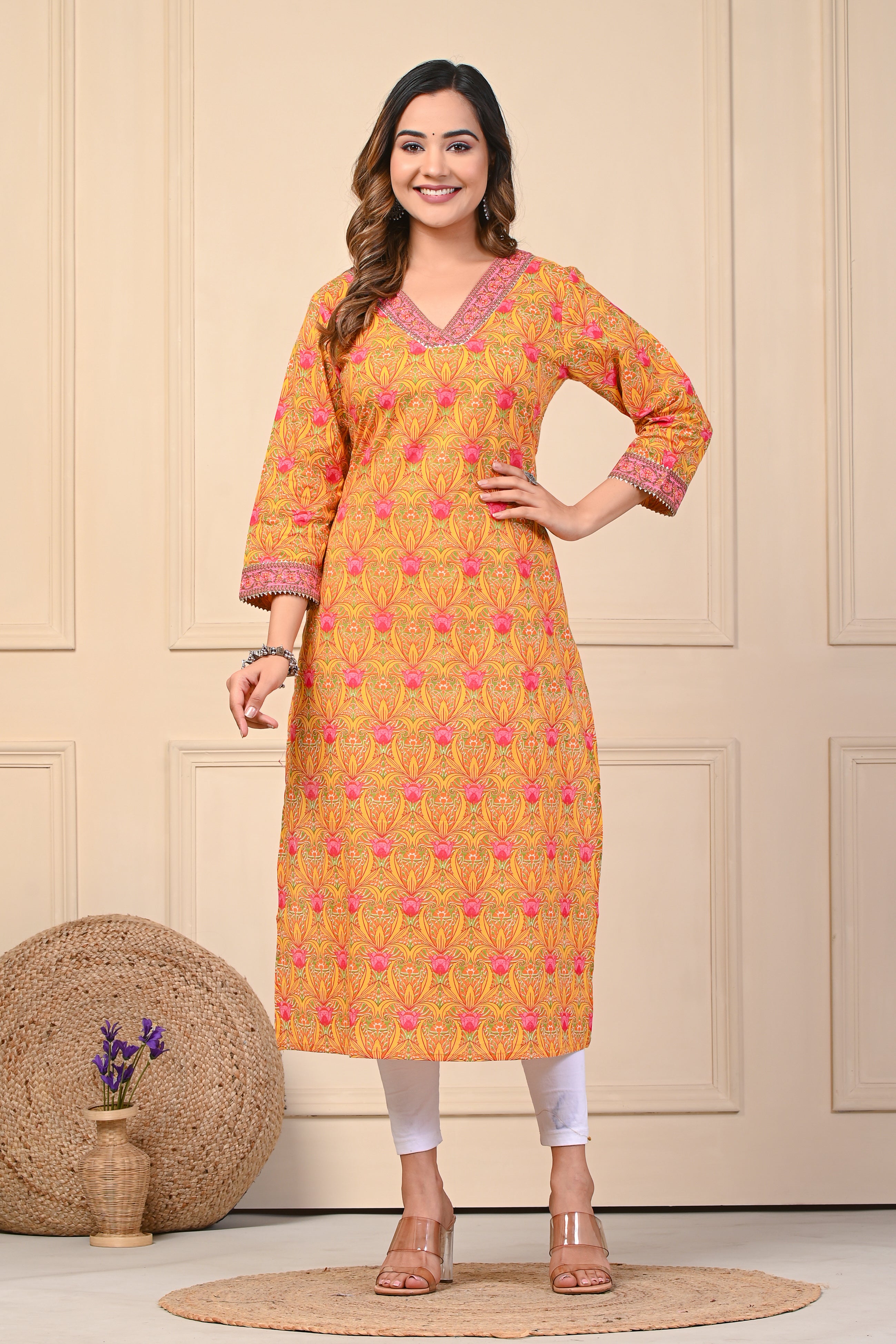 Cotton Pink Green Floral Straight Kurti