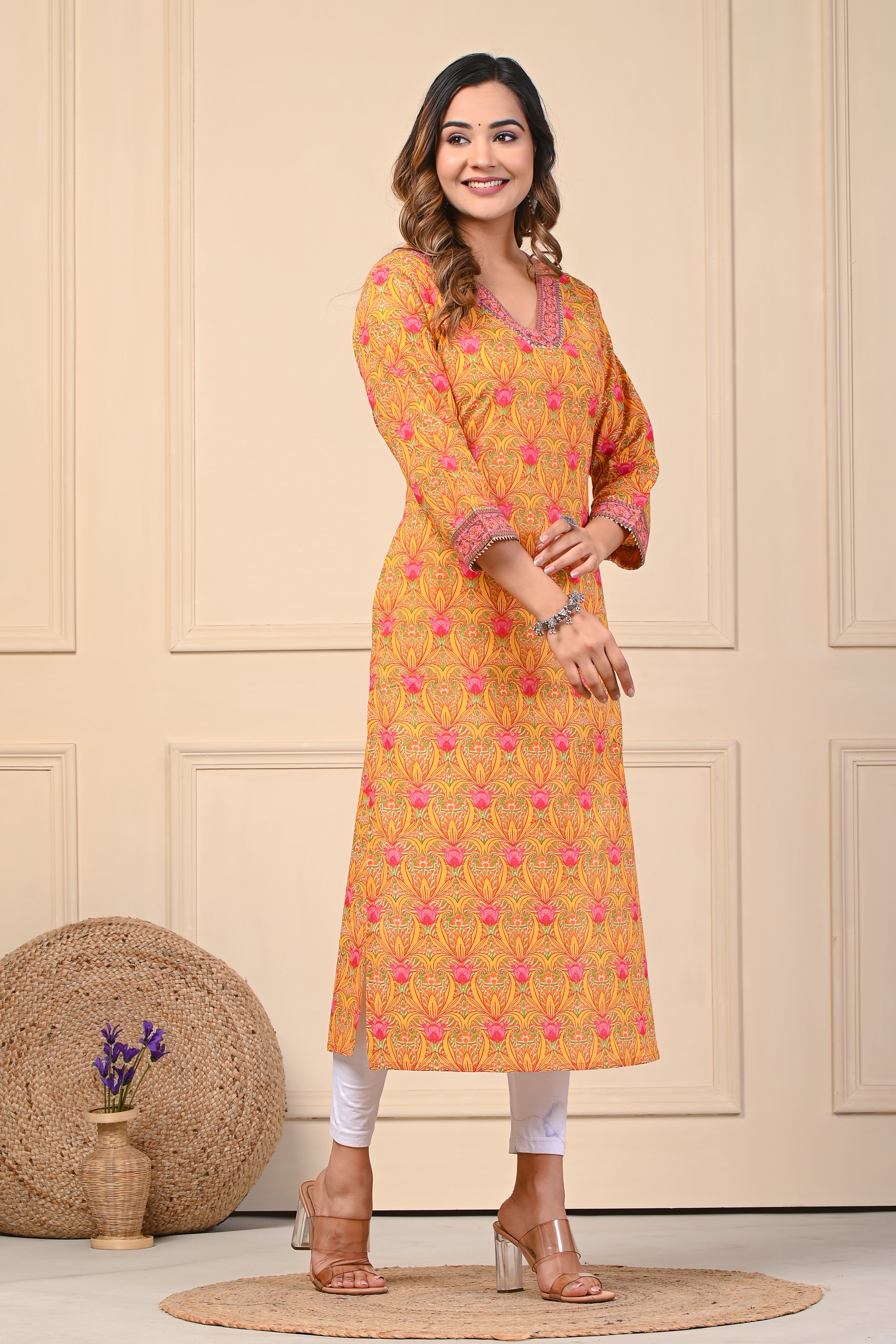 Cotton Pink Green Floral Straight Kurti