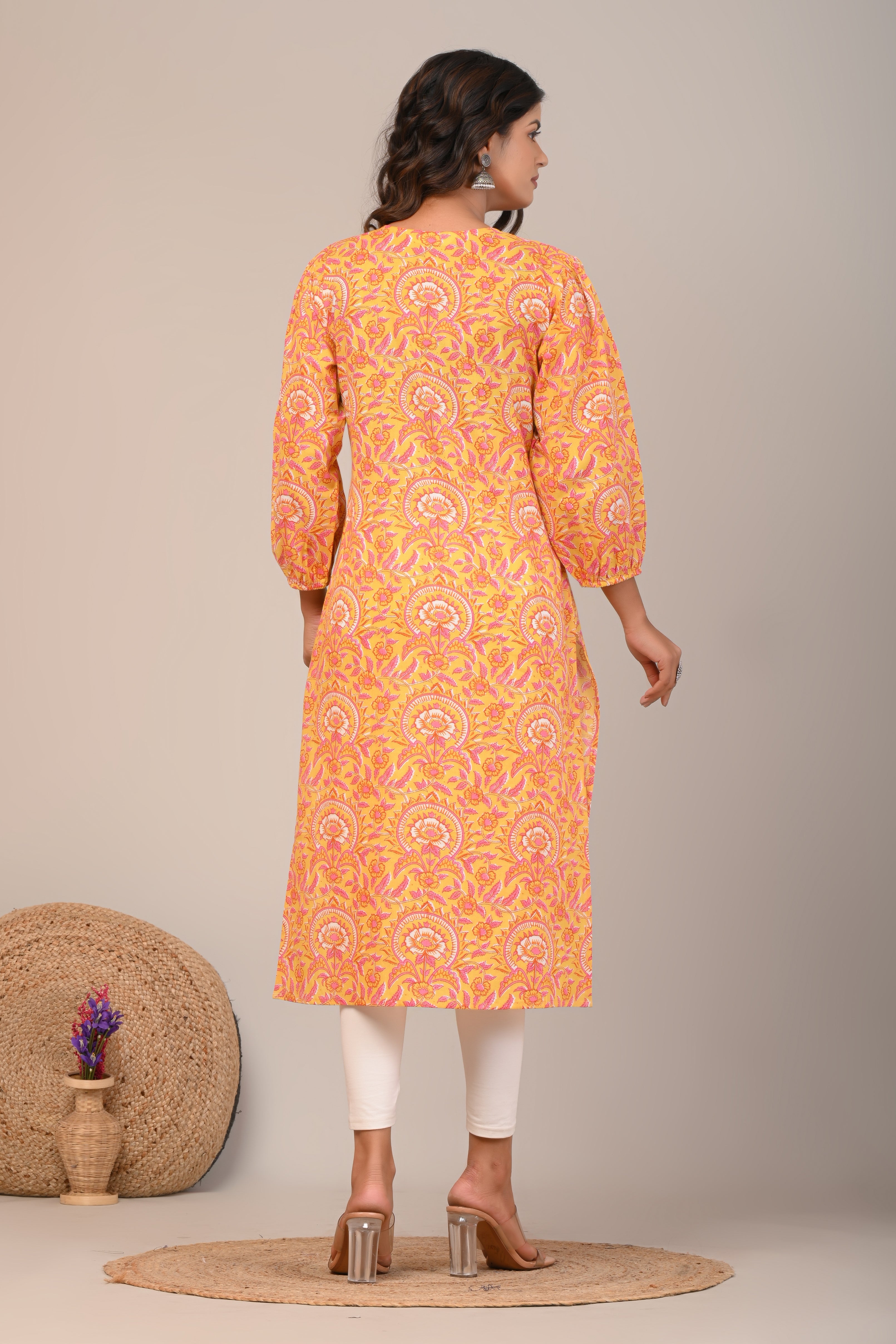 Cotton Yellow Sun Flower Womens Straight Kurti