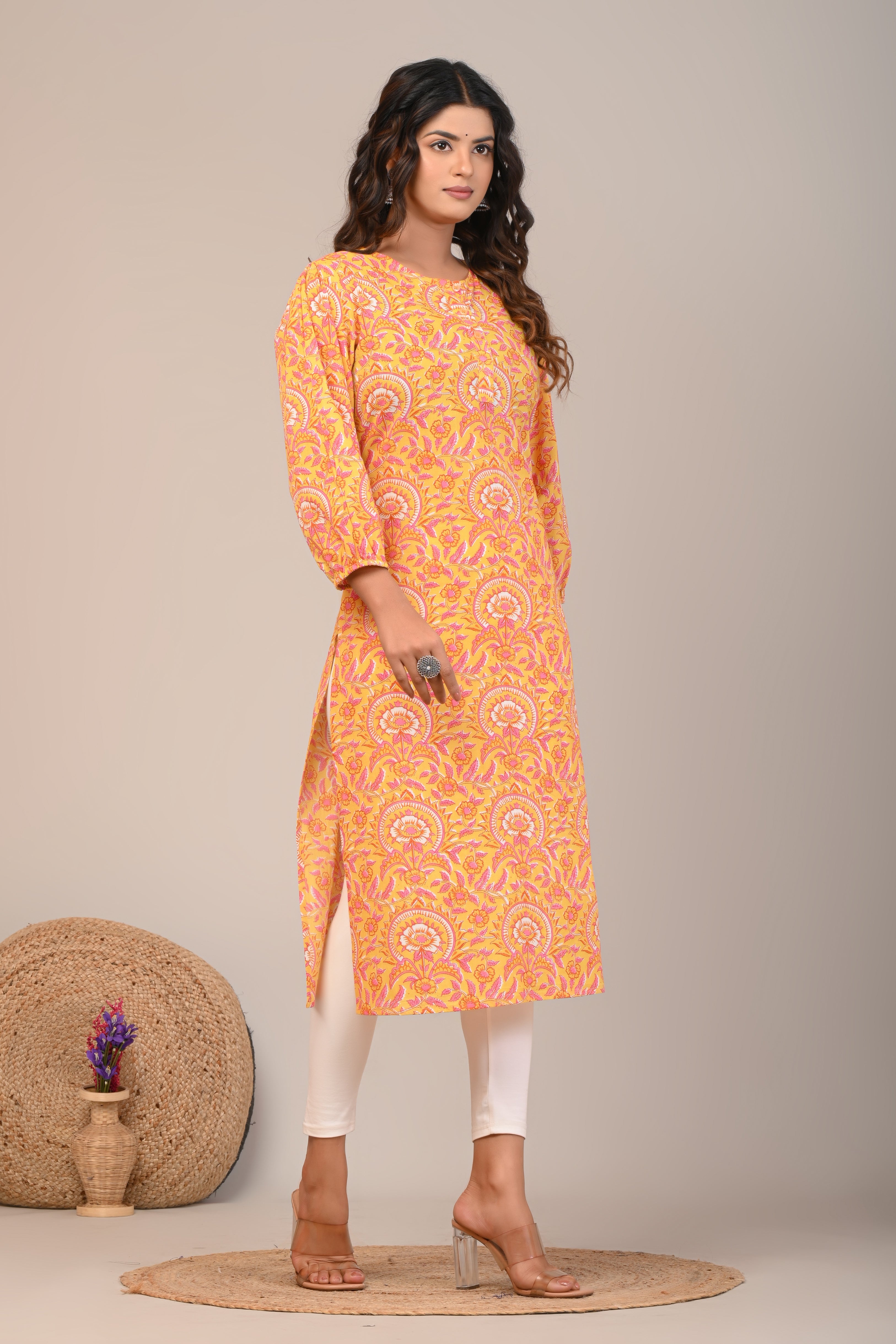 Cotton Yellow Sun Flower Womens Straight Kurti