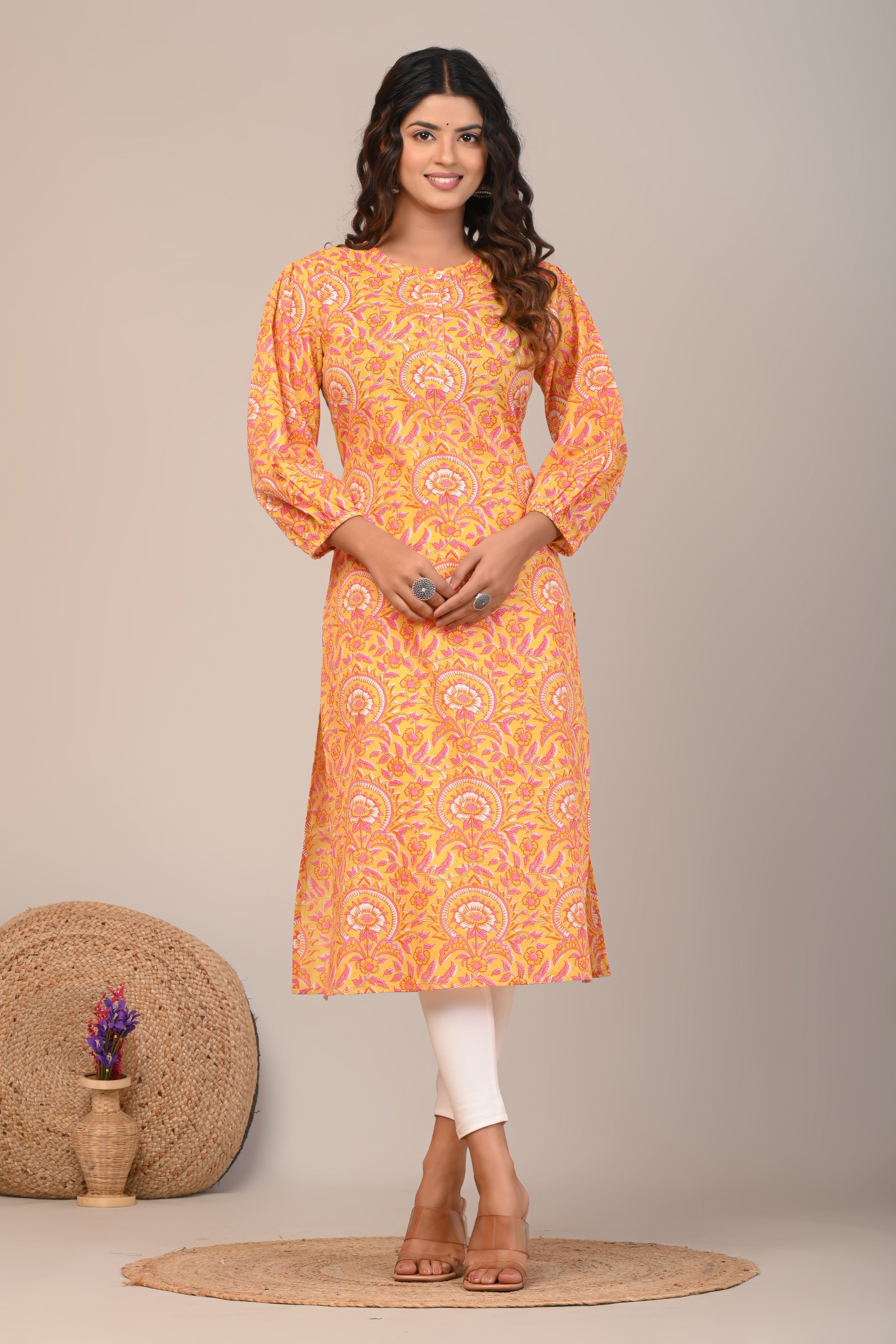 Cotton Yellow Sun Flower Womens Straight Kurti