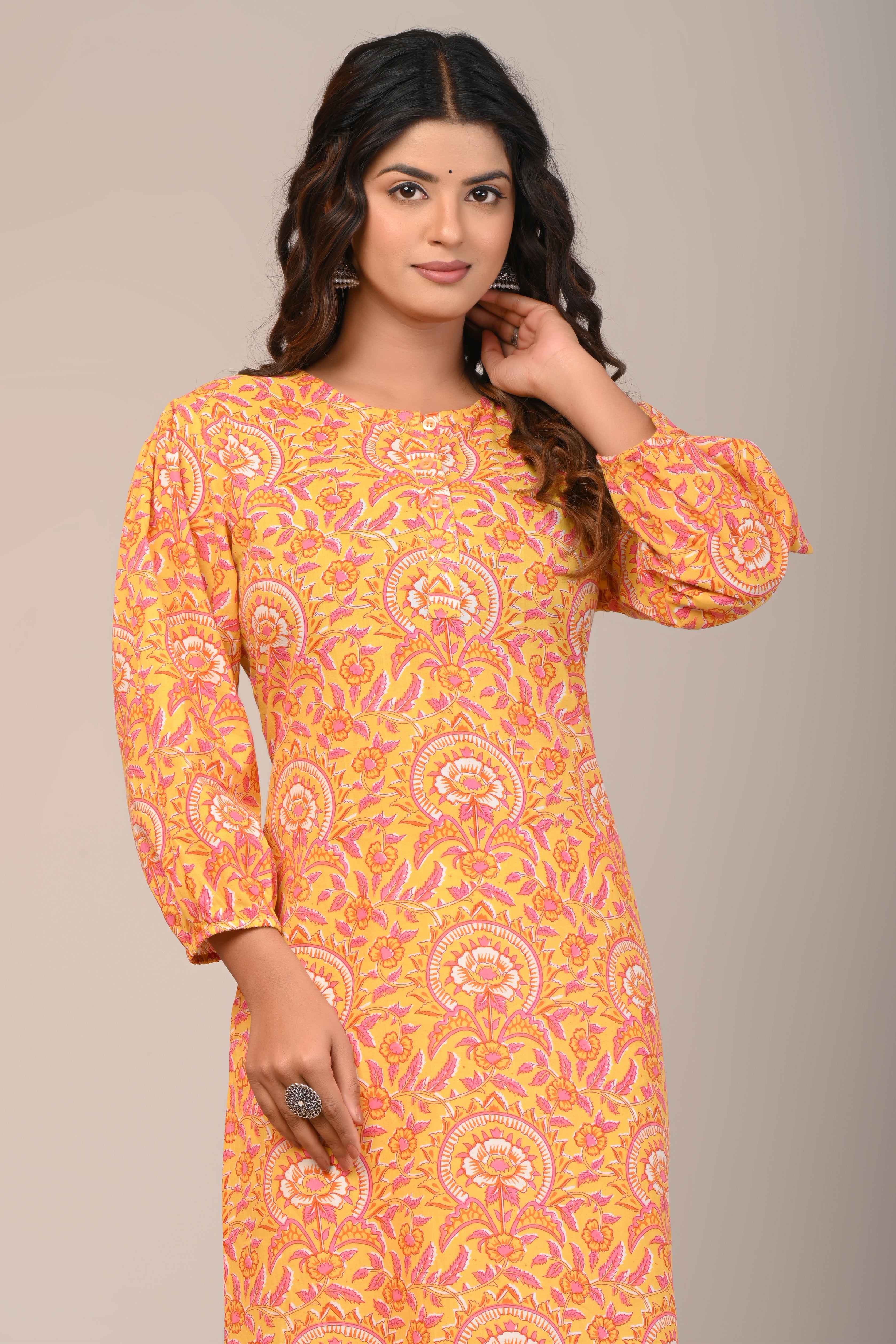 Cotton Yellow Sun Flower Womens Straight Kurti