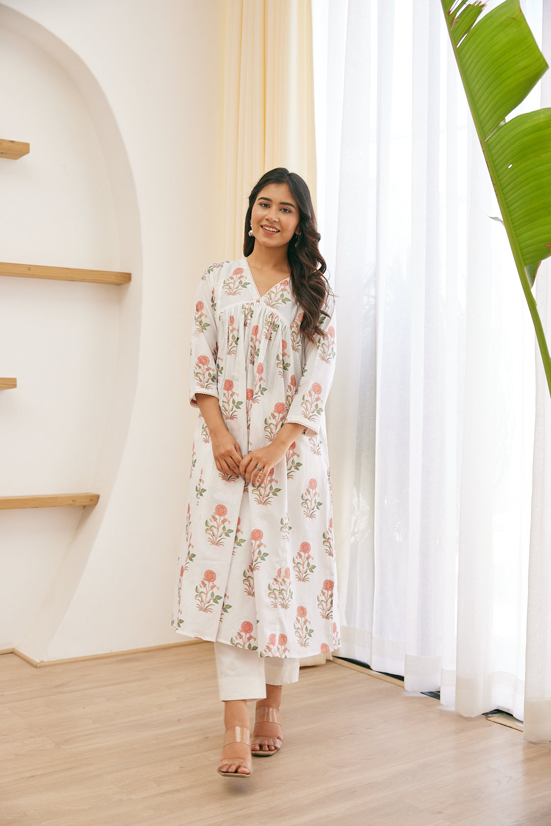 Cotton Pink-White Floral Magic Long Kurti