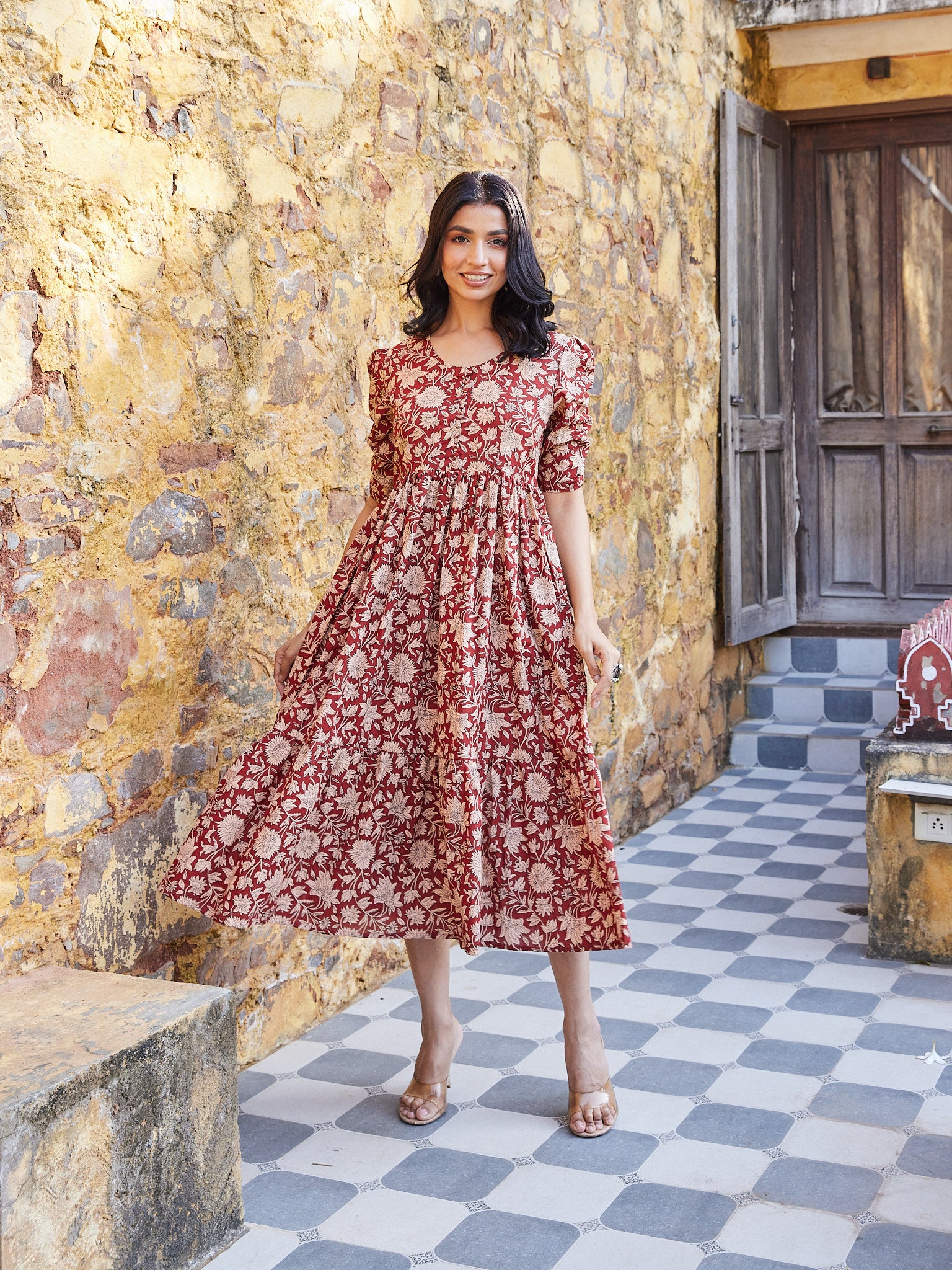 Cotton Red-Cream Floral Jaal Long Kurti