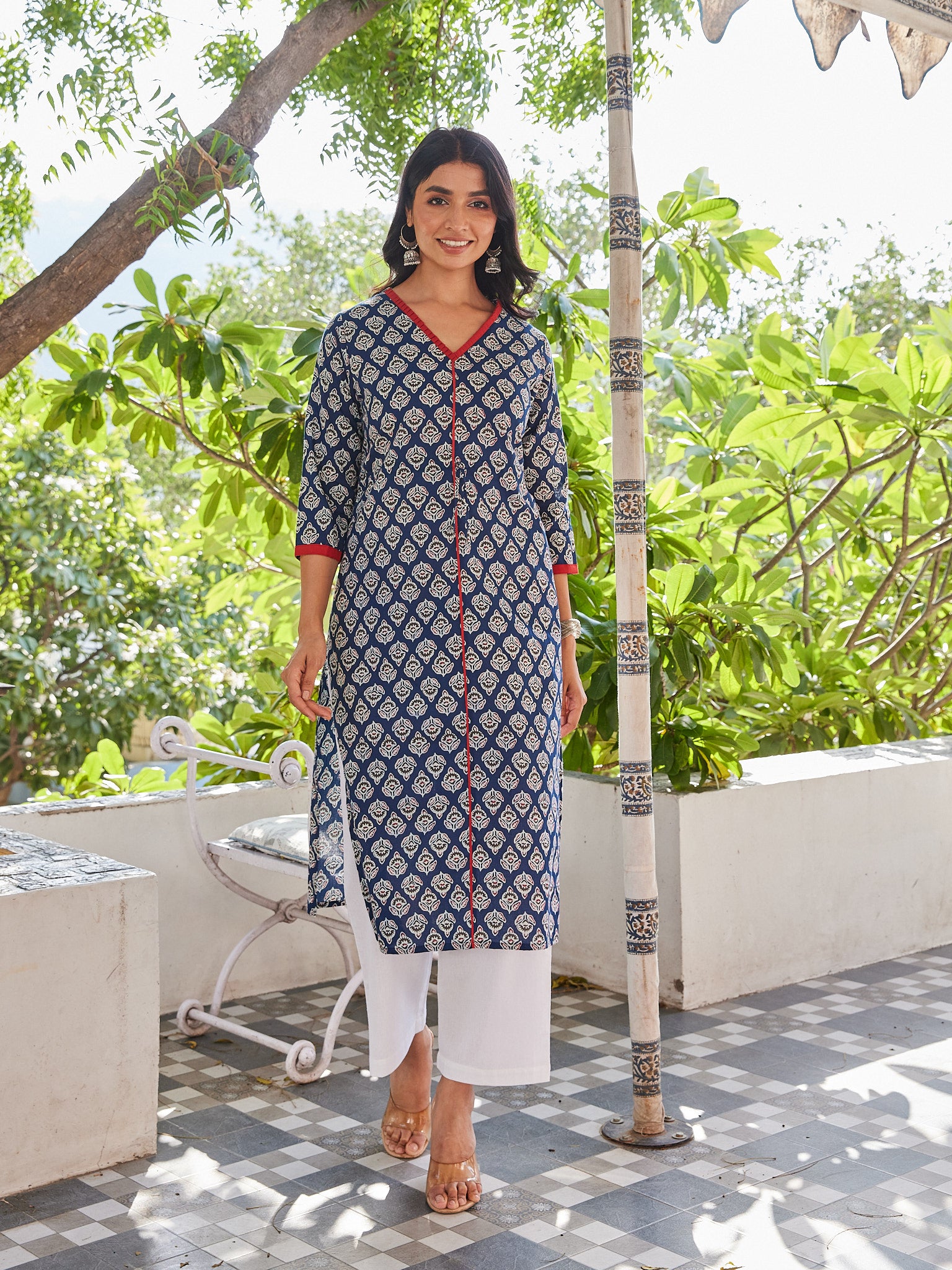 Cotton Blue-White Floral Straight Long Kurti