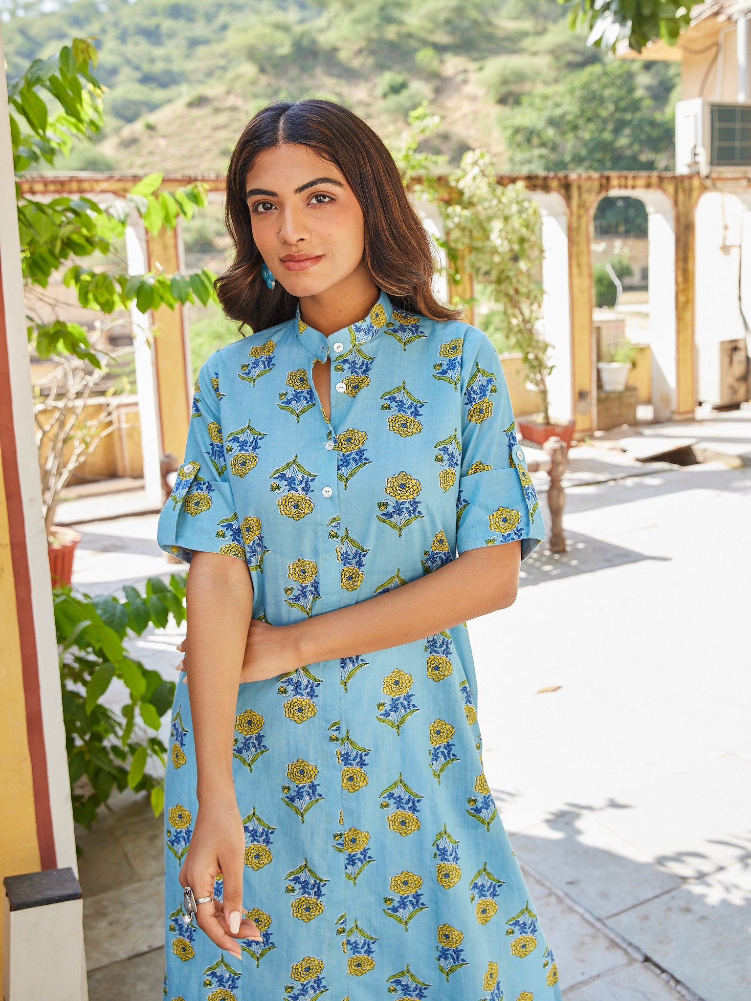 Cotton Women's Blue-Yellow Floral Long Kurti