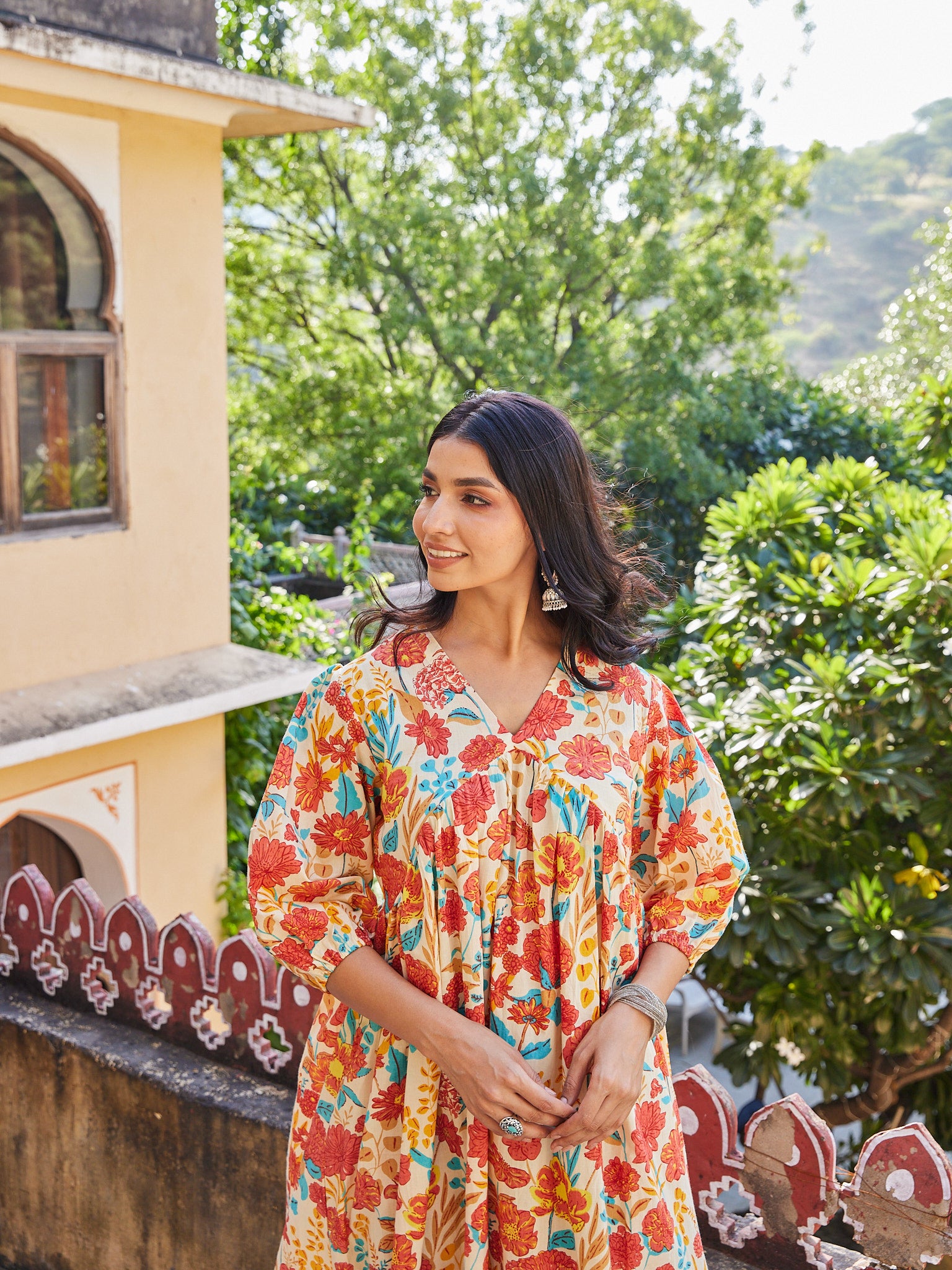 Cotton Women's Red-Orange Floral Long Kurti