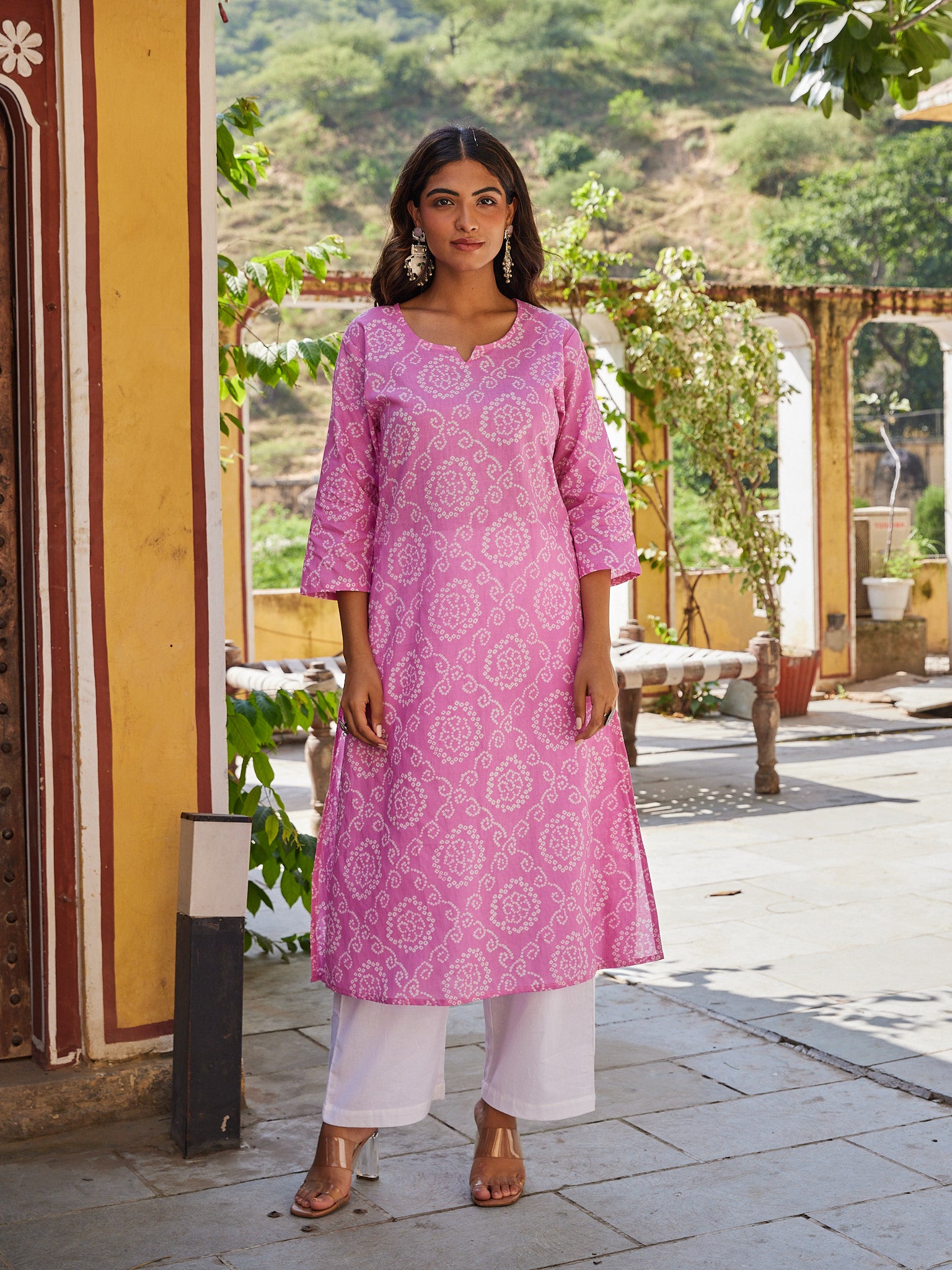 Cotton Women's Pink-White Bandhani Long kurti