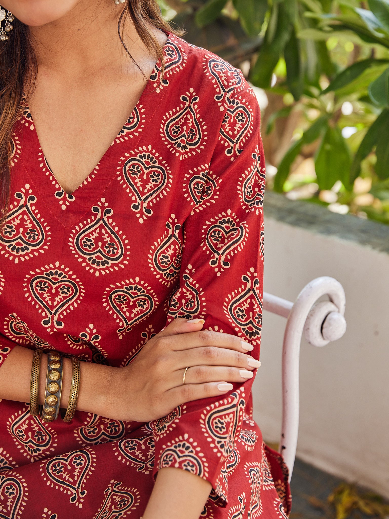 Cotton Red-Cream Paisley Long Kurti