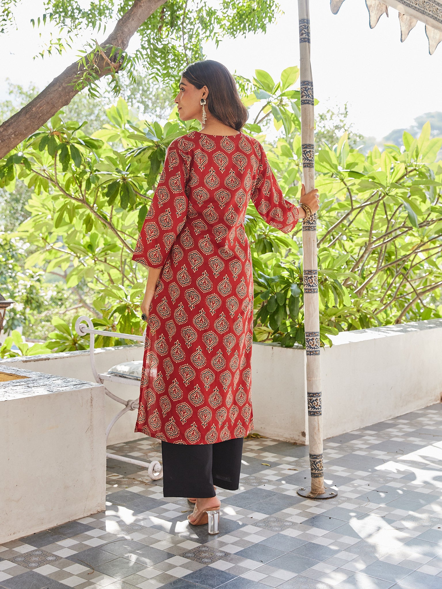 Cotton Red-Cream Paisley Long Kurti